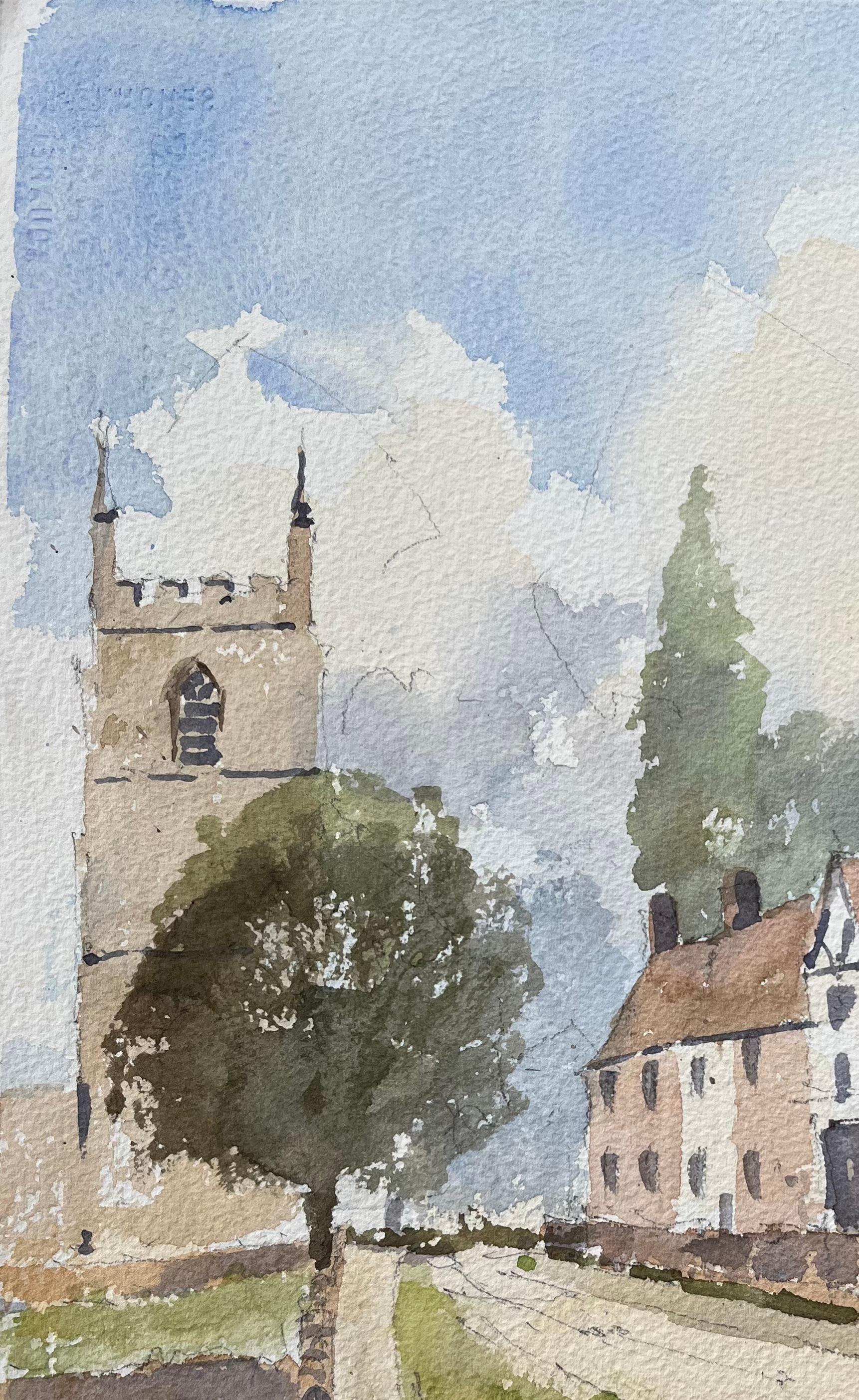 Titel: Britisches Original-Aquarell einer Church's und Tudor-Häusern in einer Dorfumgebung
Von Anthony Avery (Brite 1946-2023)
Original-Aquarell auf Künstlerpapier, ungerahmt
Abmessungen: 14,75 x 11,25 Zoll (Höhe x Breite)
Zustand: Gut, mit leichten