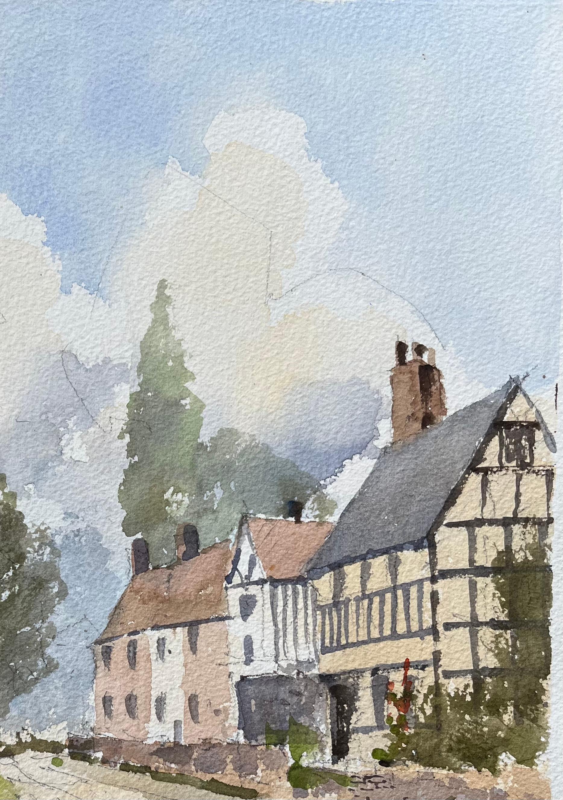 Britisches Original-Aquarell einer Kirche und Tudor-Haus in einem Dorfsitz im Angebot 1