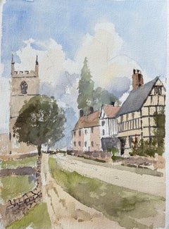 British Original Watercolor of a Church and Tudor Houses in a Village Setting