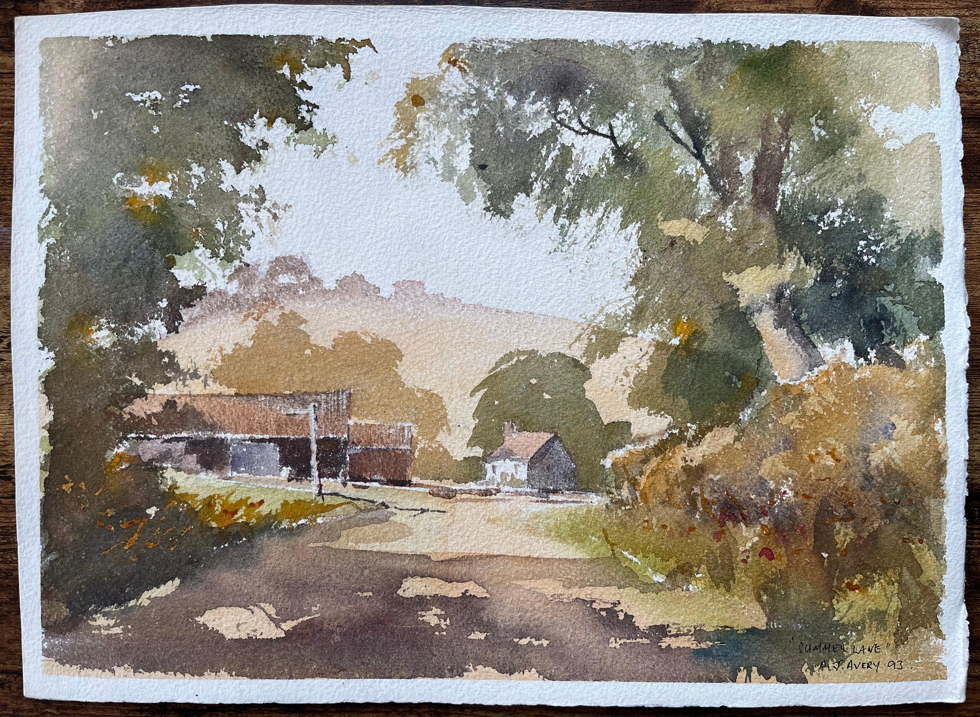 Britisches Original-Aquarell einer Landstraße im Sommer, die zum Bauernhof führt – Painting von Anthony Avery