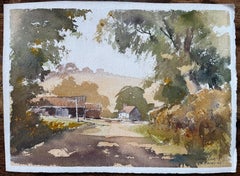 Britisches Original-Aquarell einer Landstraße im Sommer, die zum Bauernhof führt