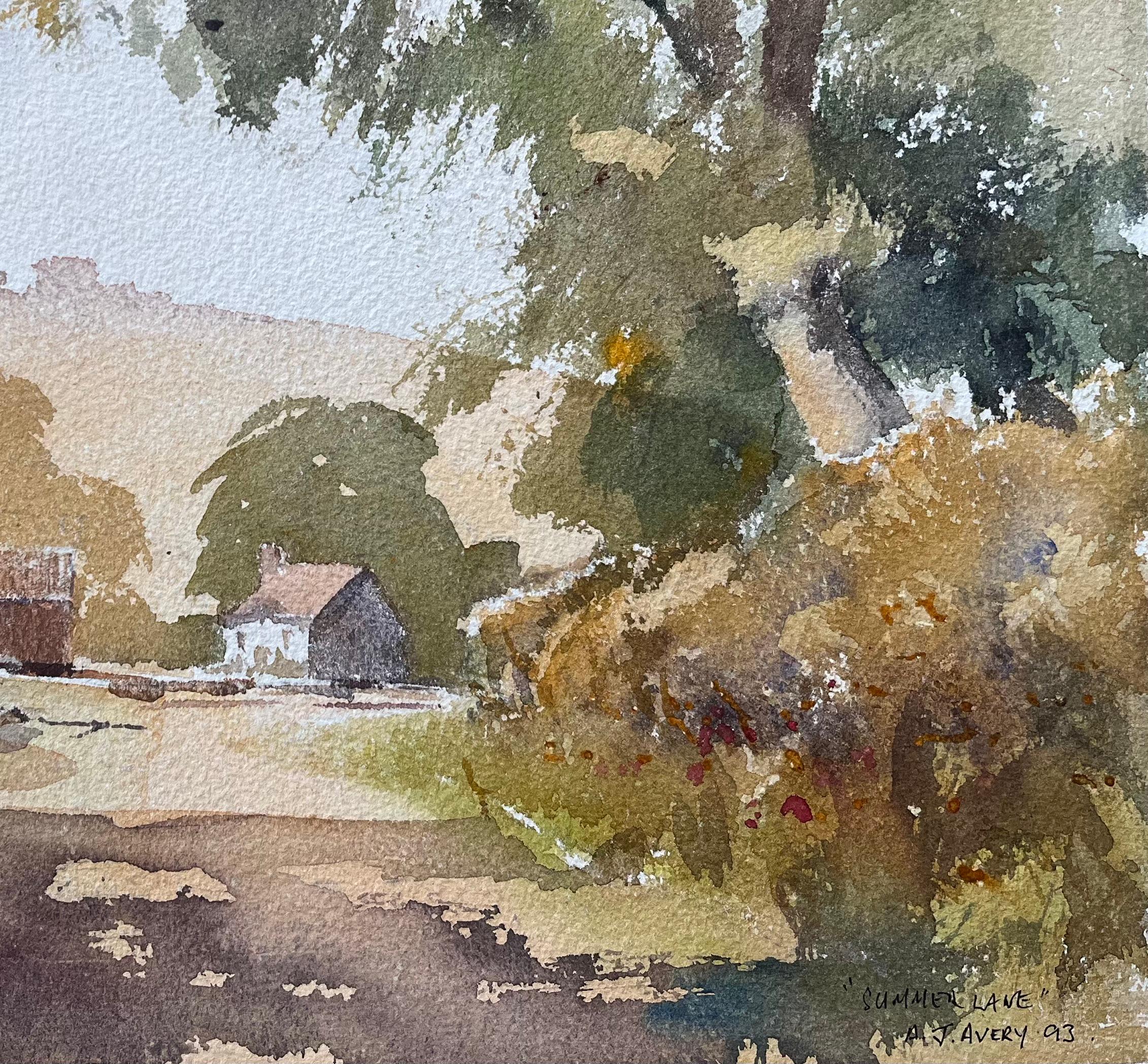Britisches Original-Aquarell einer Landstraße im Sommer, die zum Bauernhof führt (Impressionismus), Painting, von Anthony Avery