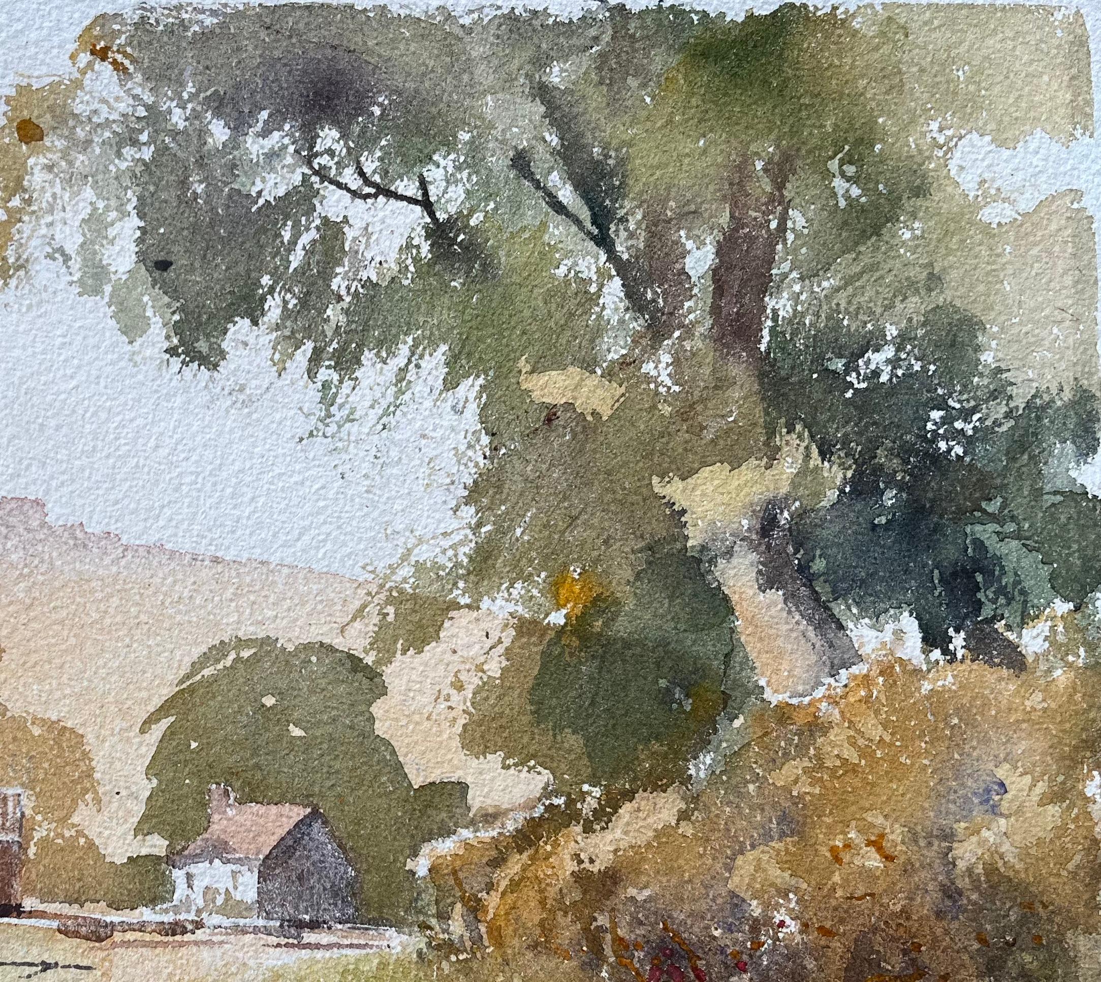 Britisches Original-Aquarell einer Landstraße im Sommer, die zum Bauernhof führt (Grau), Landscape Painting, von Anthony Avery