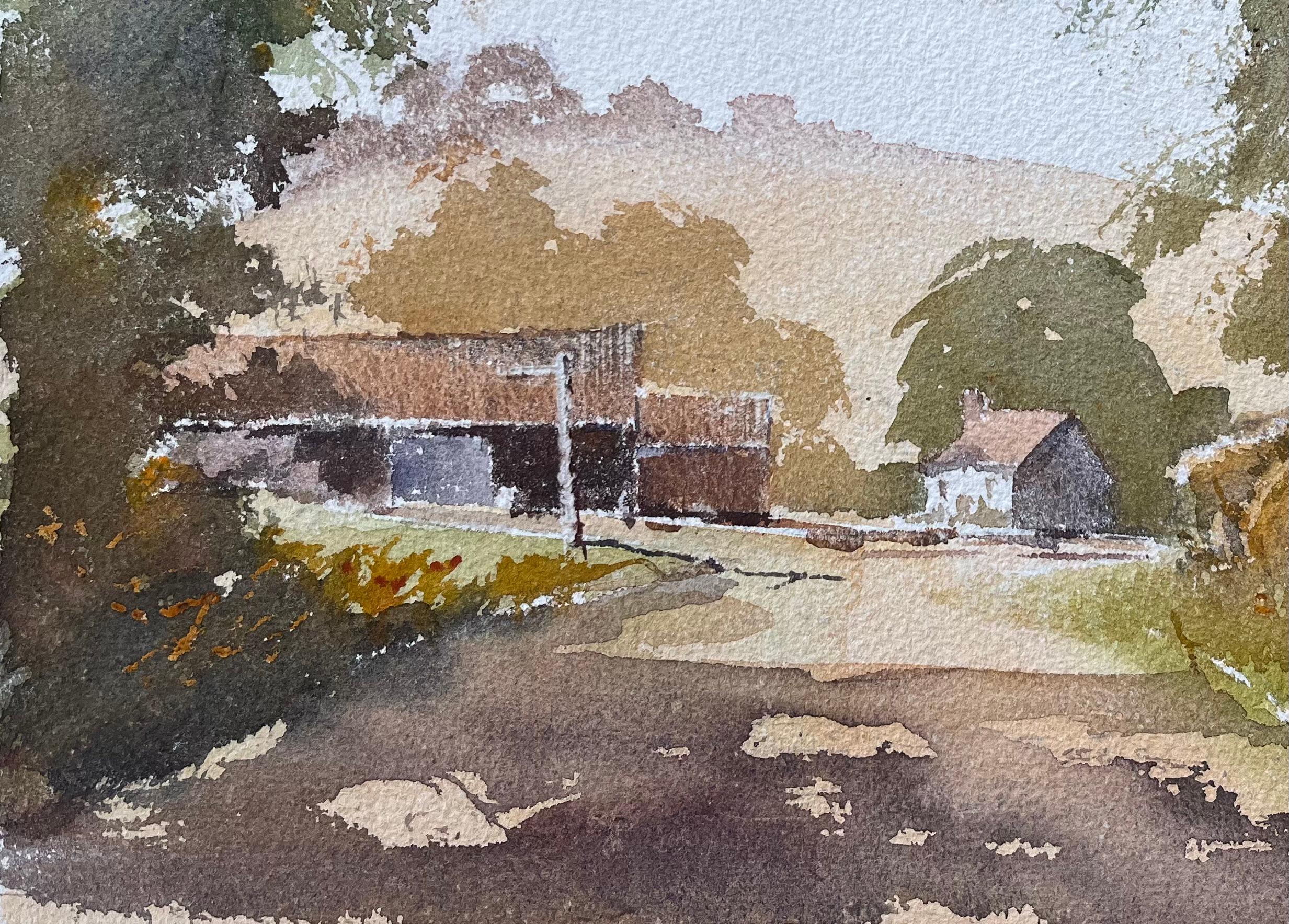 Titel: Britisches Original-Aquarell einer ländlichen Lane im Sommer, die zu einem Bauernhof führt
Von Anthony Avery (Brite 1946-2023)
Original-Aquarell auf Künstlerpapier, ungerahmt
Unterschrieben: Ja
Abmessungen: 10,75 x 15,25 Zoll (Höhe x
