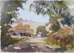 British Original Watercolor of a Country Lane in Summer Leading to Farm