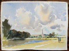Aquarelle originale britannique d'une promenade à la campagne au bord d'une rivière