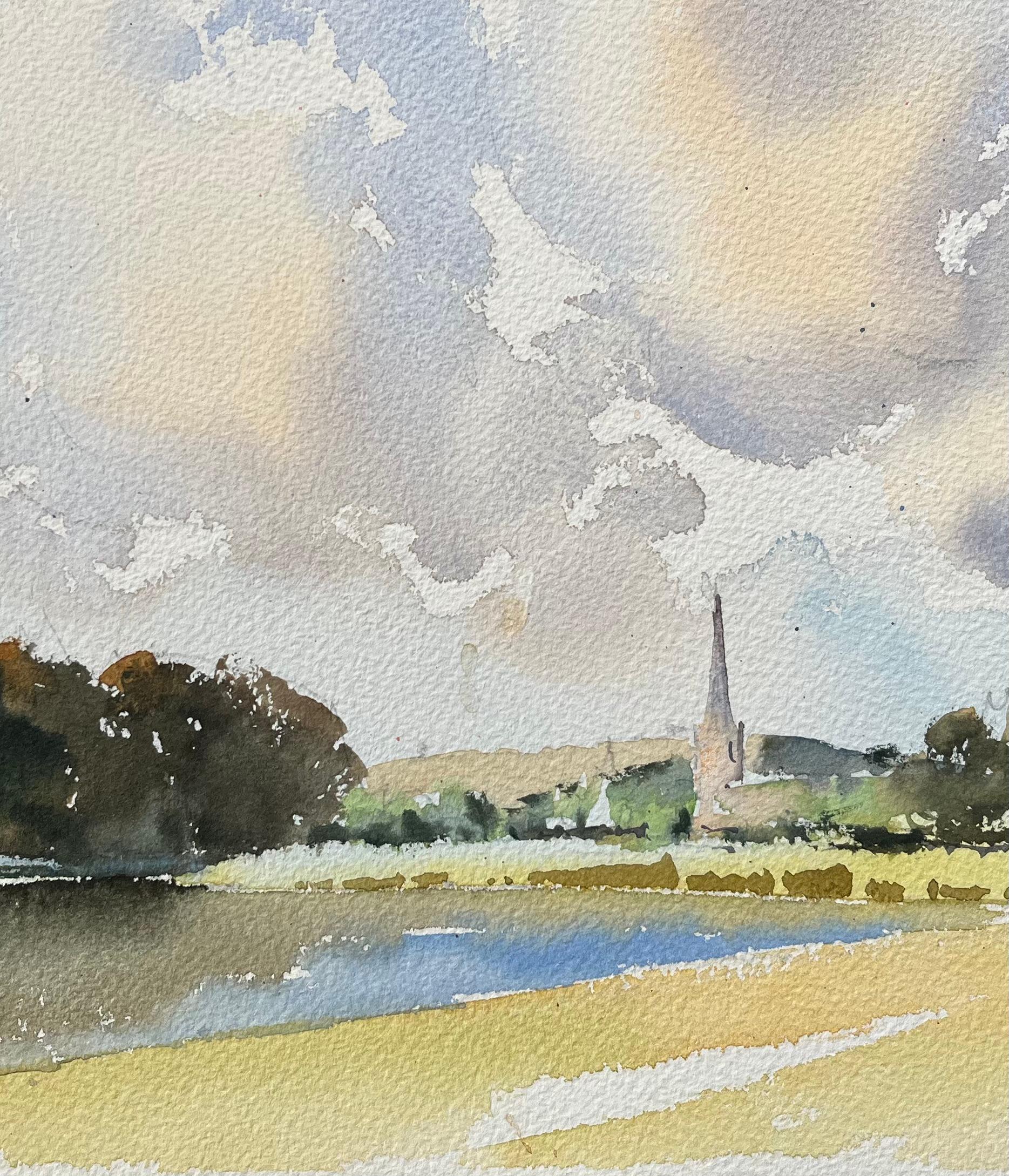 Acuarela original británica de un paseo campestre por la orilla del río - Landscape Painting Gris de Anthony Avery