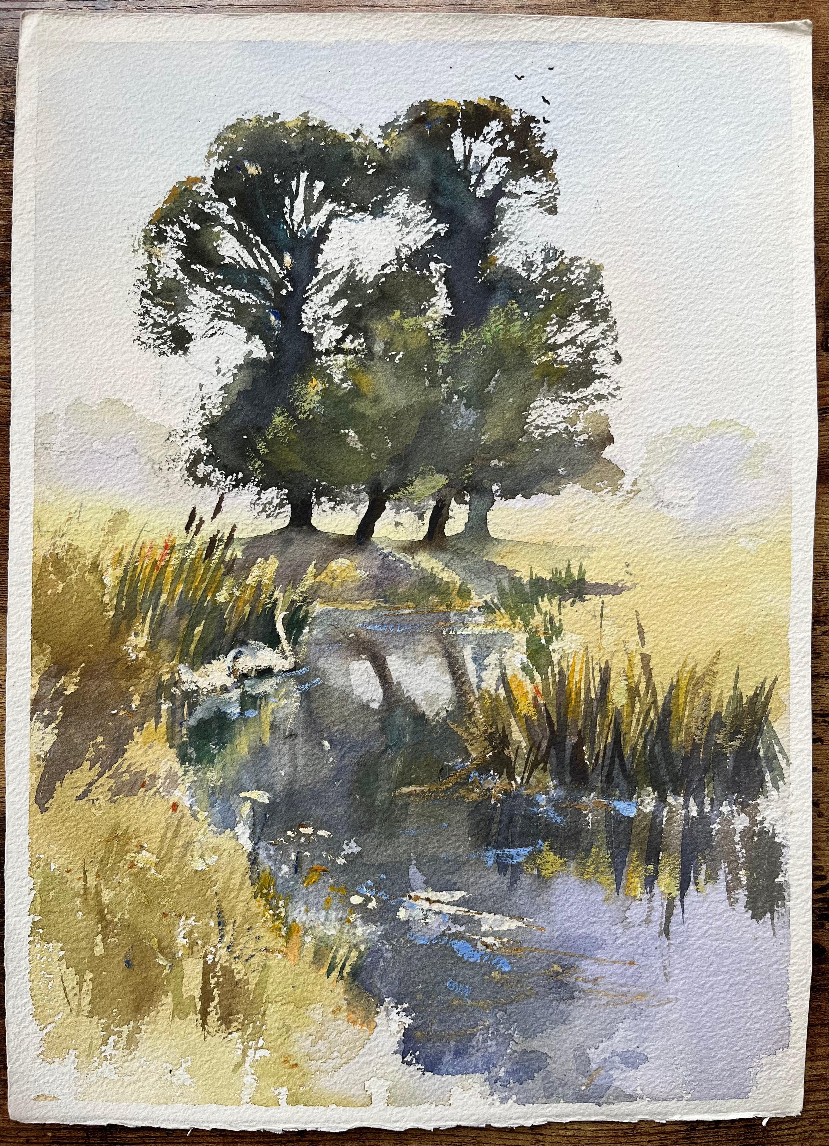 British Original Watercolor of a Marshland with Trees, Reflections, and Swans - Painting by Anthony Avery