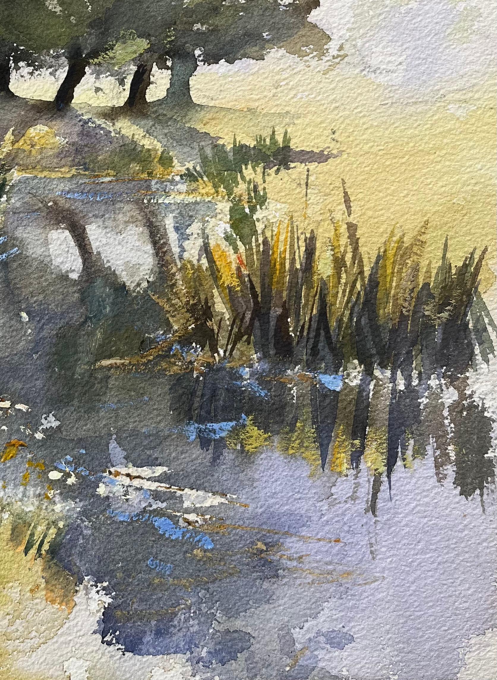 British Original Watercolor of a Marshland with Trees, Reflections, and Swans - Impressionist Painting by Anthony Avery