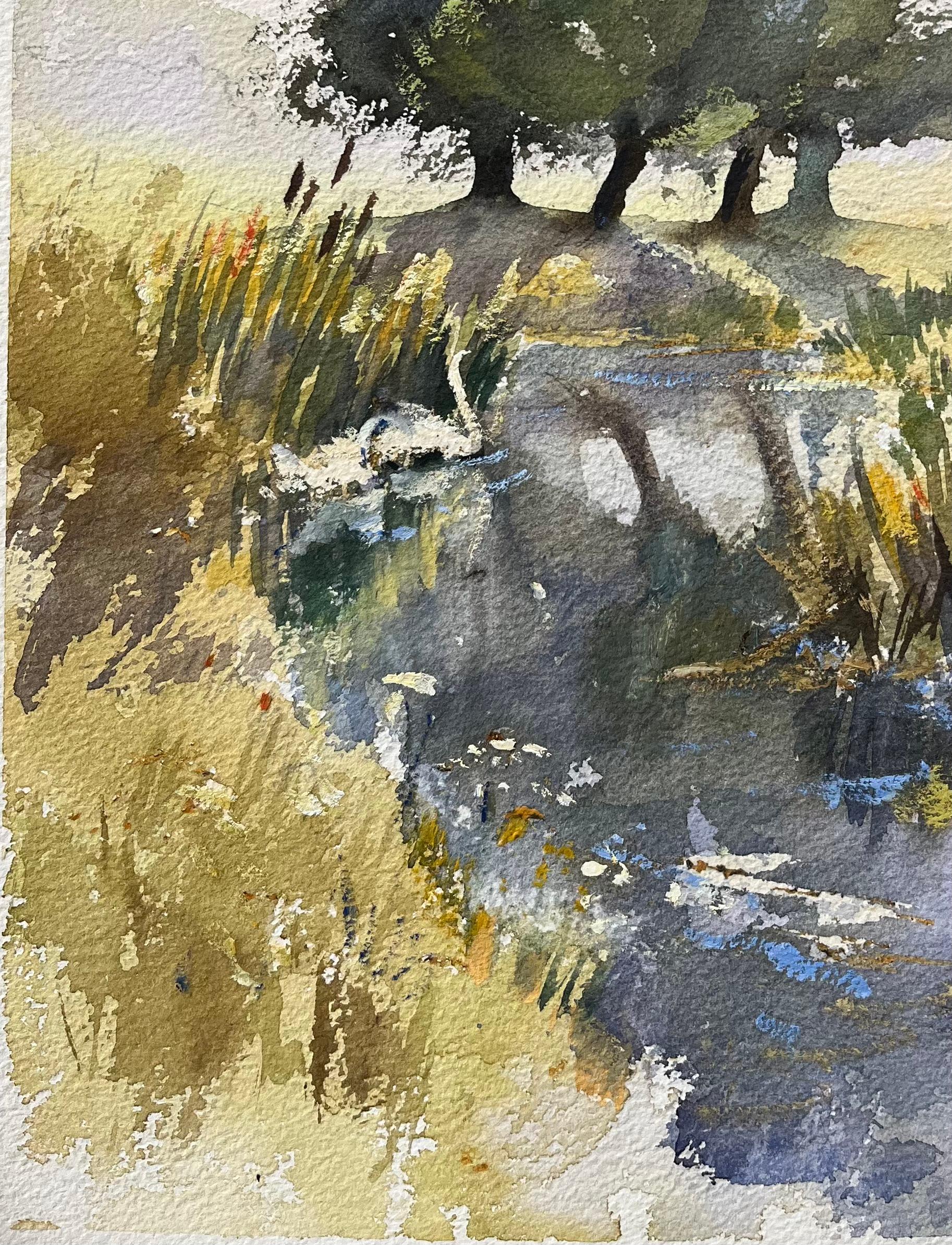 British Original Watercolor of a Marshland with Trees, Reflections, and Swans - Beige Landscape Painting by Anthony Avery
