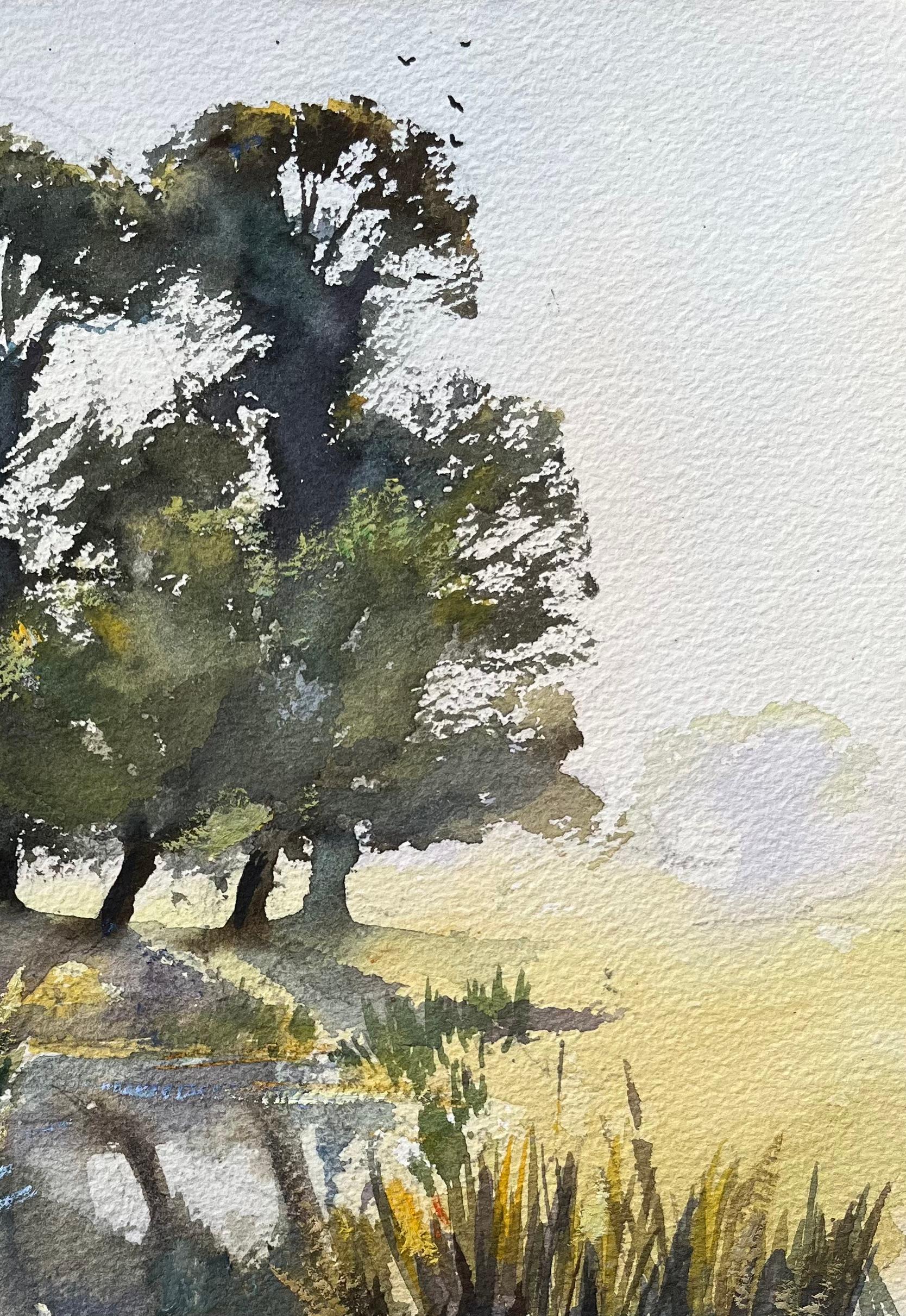 Title: British Original Watercolor of a Marshland with Trees, Reflections, and Swans
By Anthony Avery (British 1946-2023)
Original watercolor on artists paper, unframed
Dimensions: 15.25 x 11 inches (Height x Width)
Condition: Good, with some minor