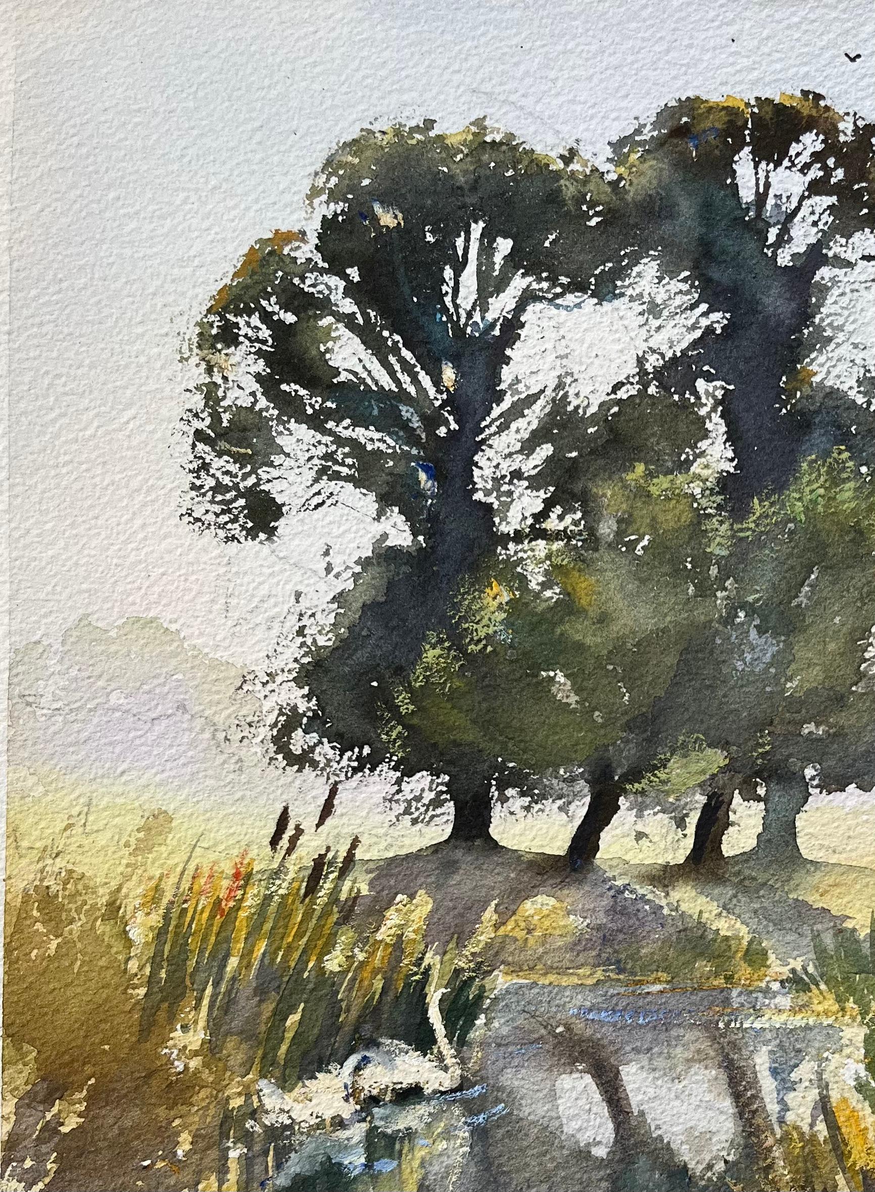 British Original Watercolor of a Marshland with Trees, Reflections, and Swans For Sale 1