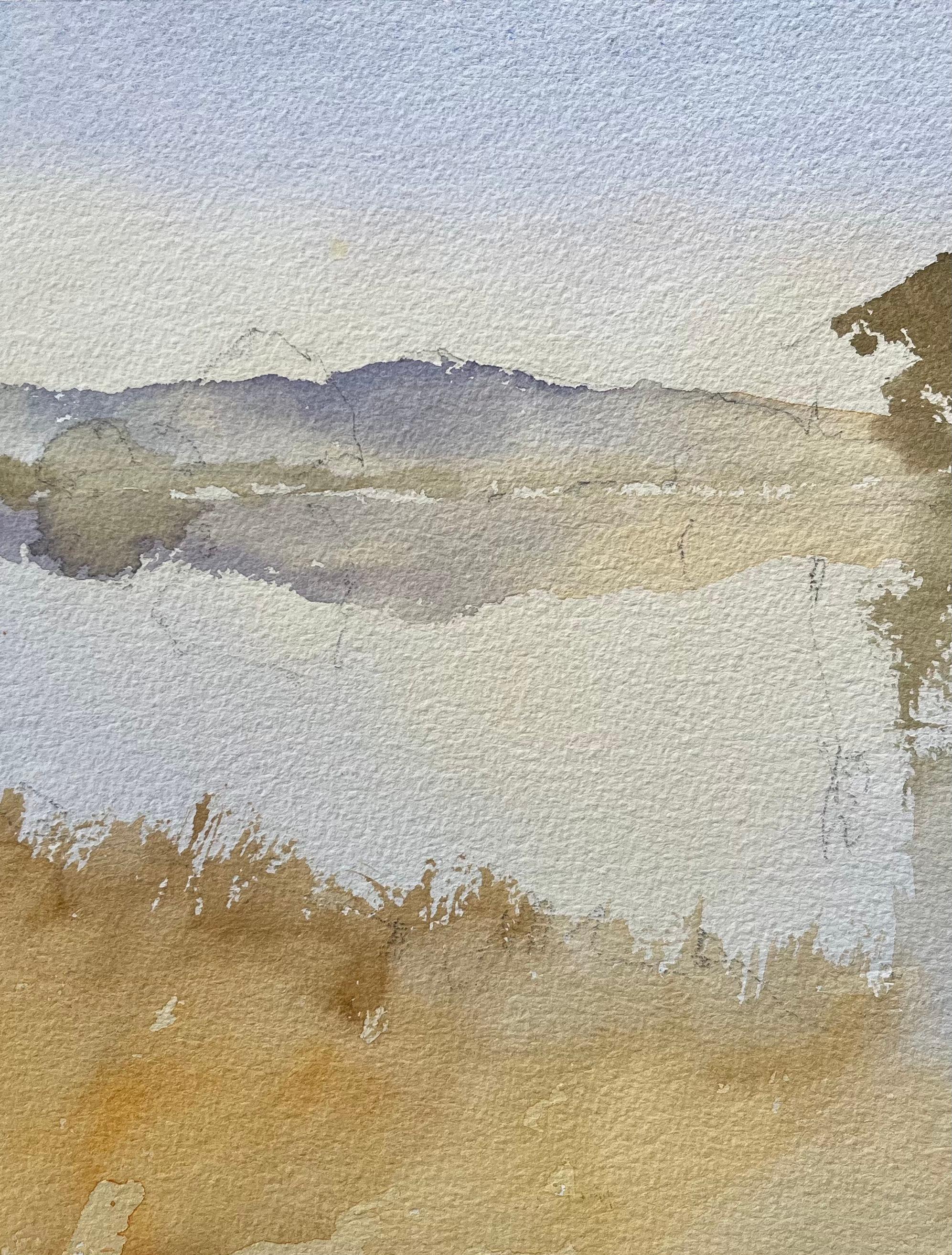 Acquerello originale britannico di un paesaggio lacustre nebbioso - Landscape Painting Grigio di Anthony Avery