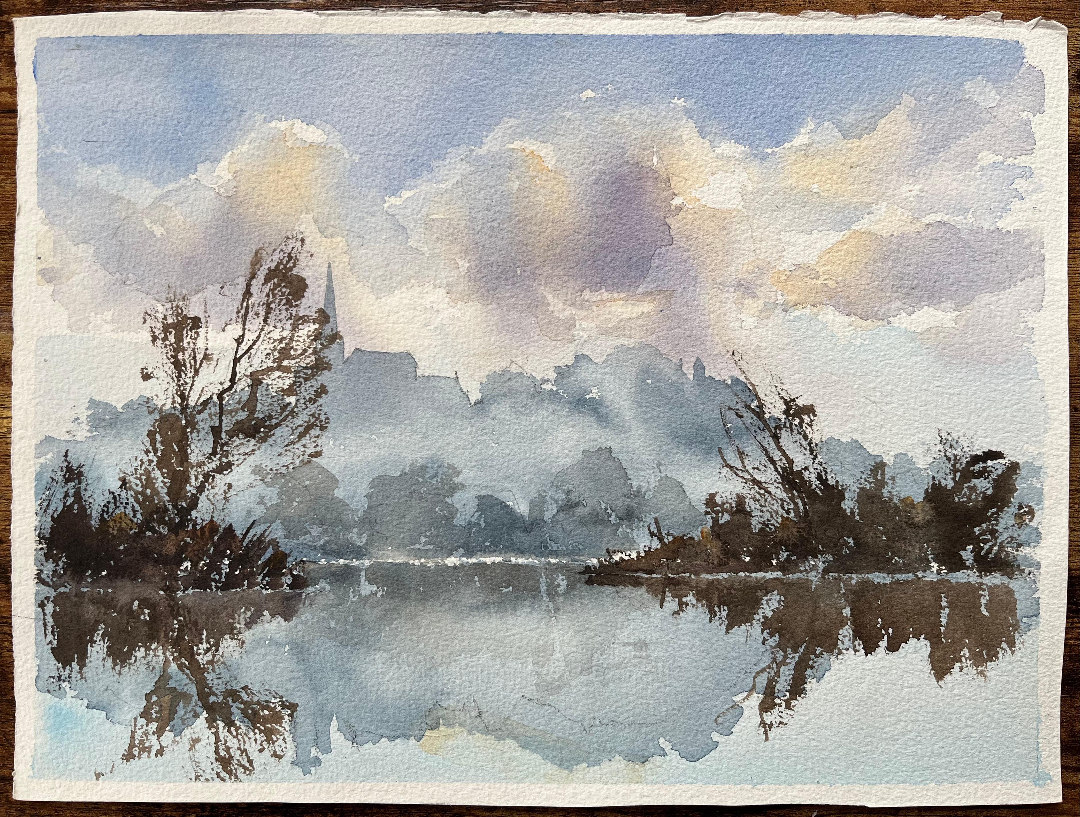 British Original Watercolor of a Misty River Landscape with Reflections - Painting by Anthony Avery
