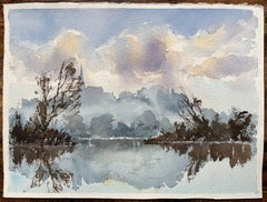 British Original Watercolor of a Misty River Landscape with Reflections