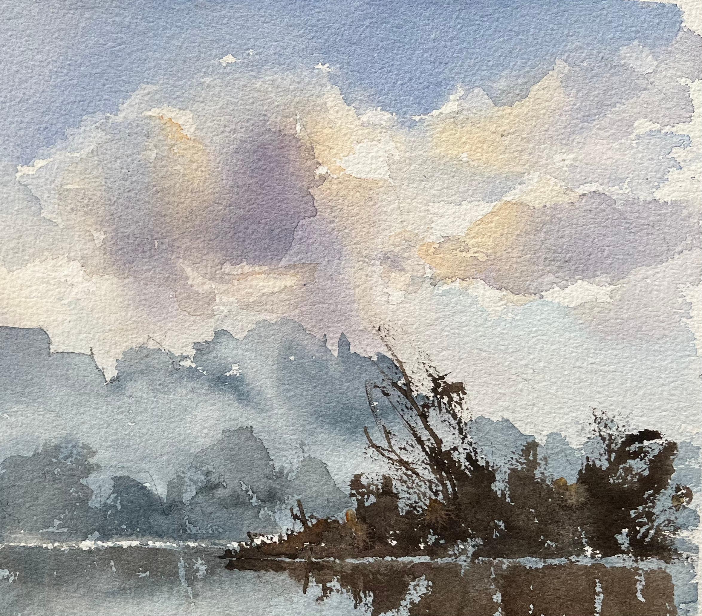 British Original Watercolor of a Misty River Landscape with Reflections - Impressionist Painting by Anthony Avery