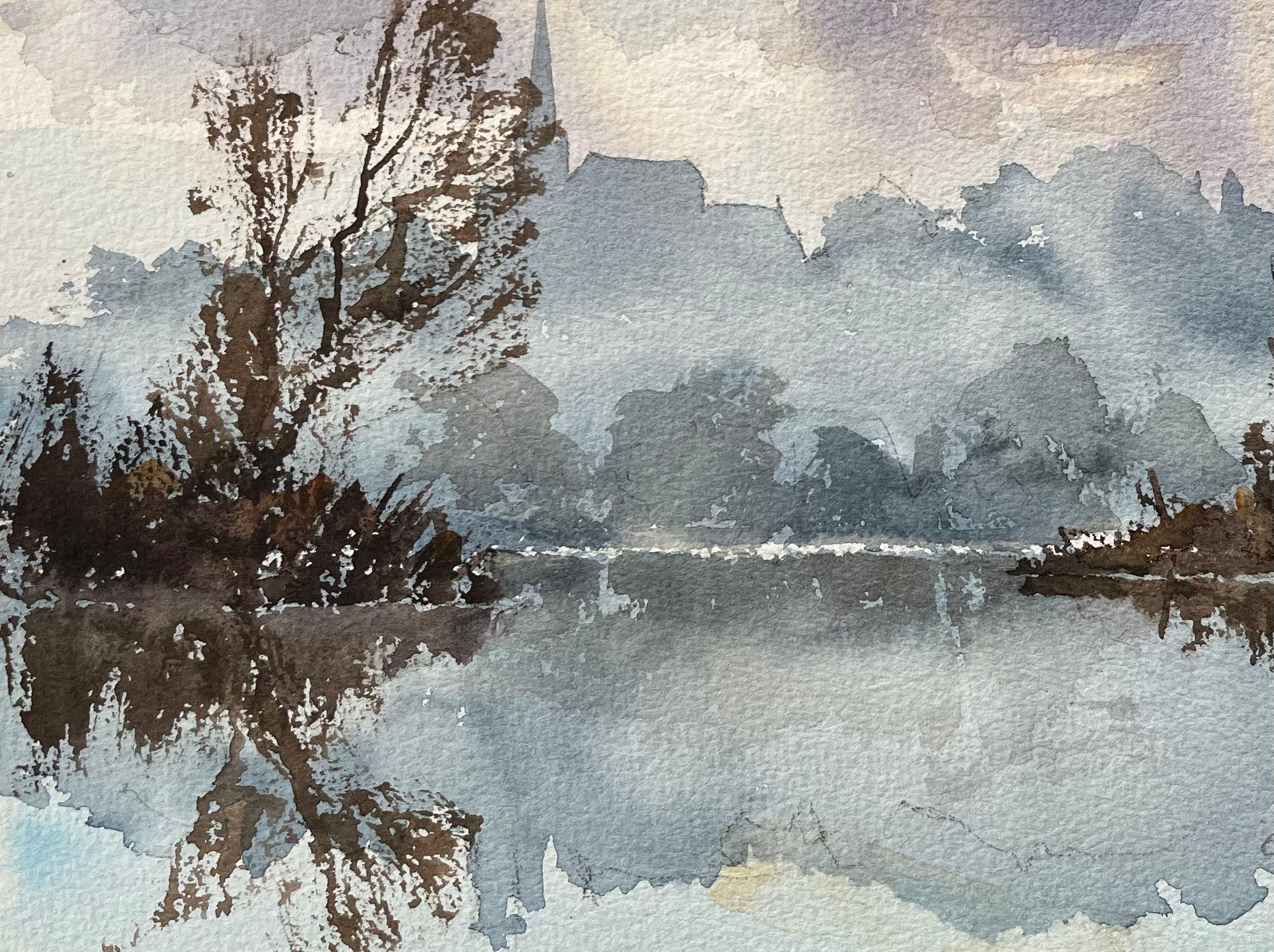 British Original Watercolor of a Misty River Landscape with Reflections - Gray Landscape Painting by Anthony Avery
