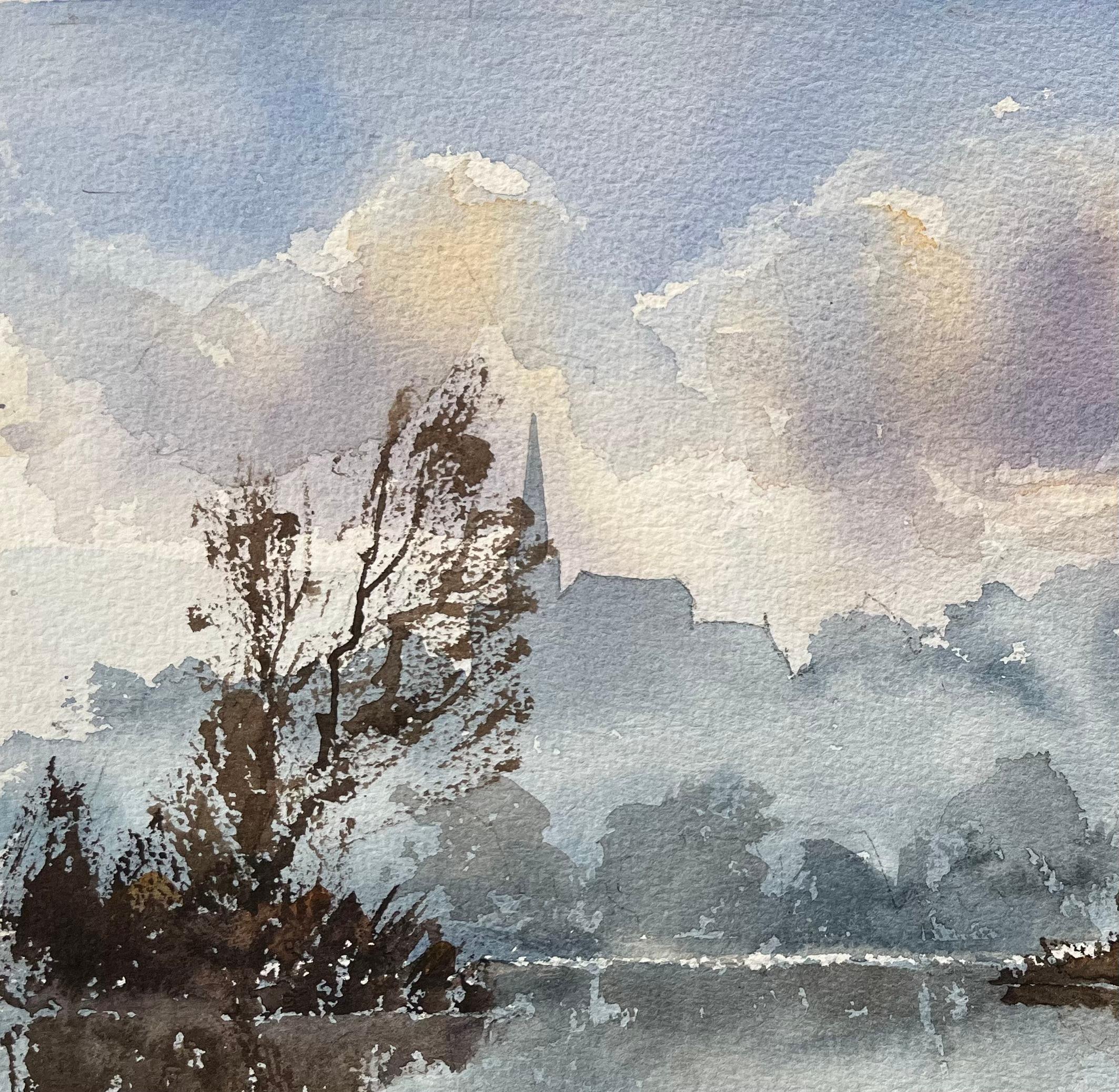 Title: British Original Watercolor of a Misty River Landscape with Reflections
By Anthony Avery (British 1946-2023)
Original watercolor on artists paper, unframed
Dimensions: 11.25 x 15.25 inches (Height x Width)
Condition: Good, with some minor