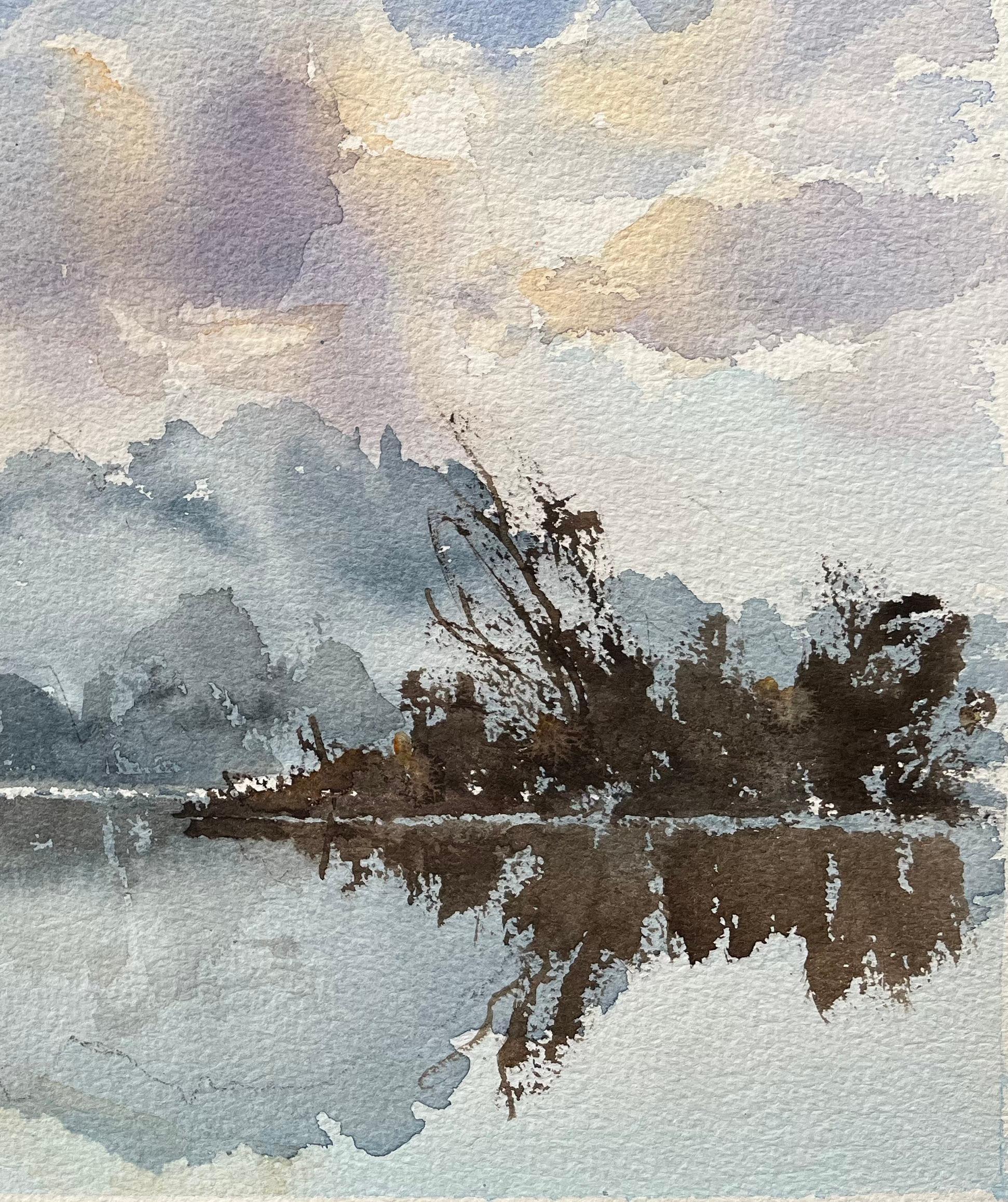British Original Watercolor of a Misty River Landscape with Reflections For Sale 1