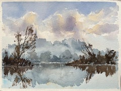 Aquarelle britannique d'un paysage de rivière Misty avec reflets