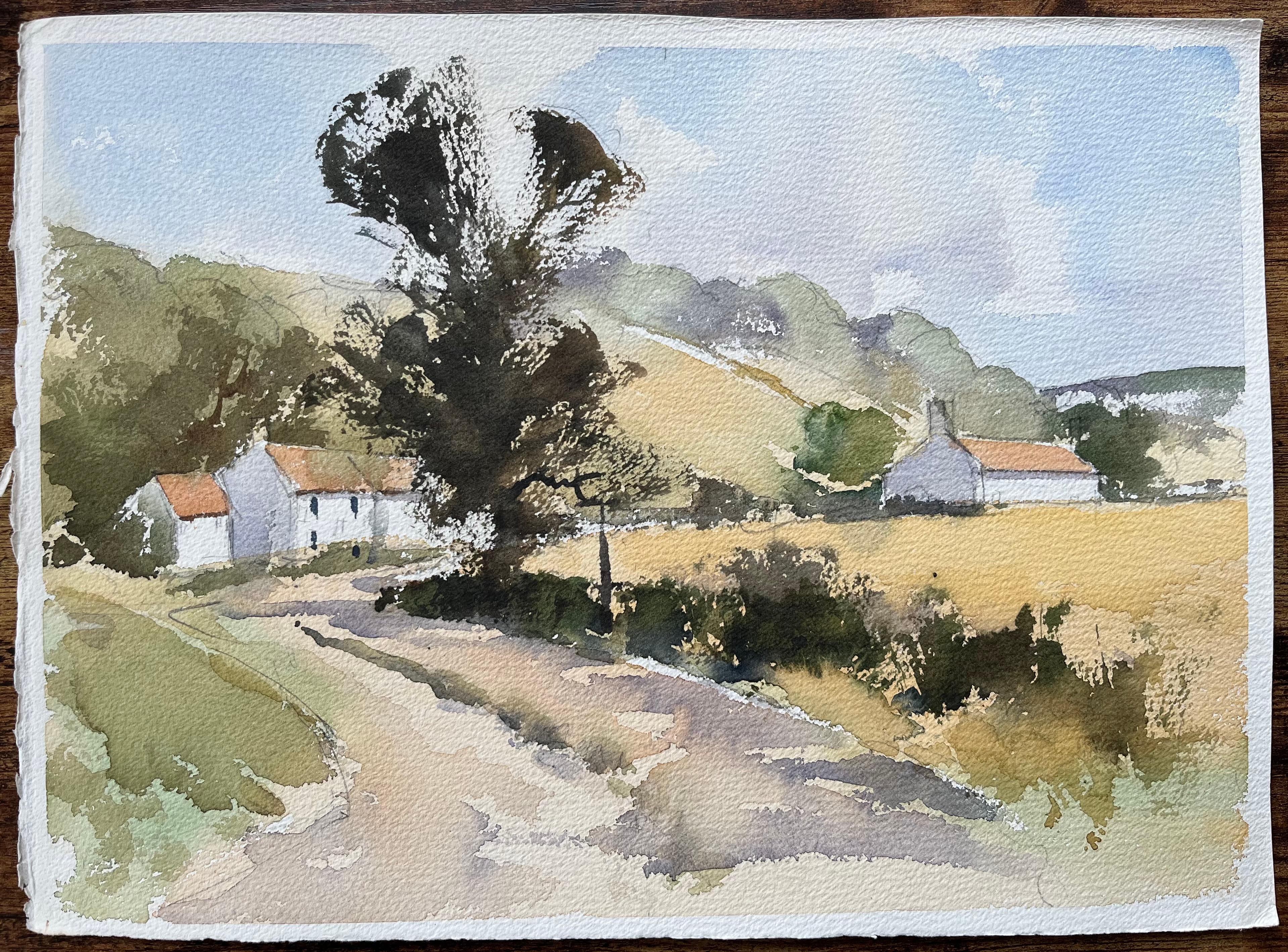 Acquerello originale britannico di un vicolo di un villaggio rurale - Painting di Anthony Avery