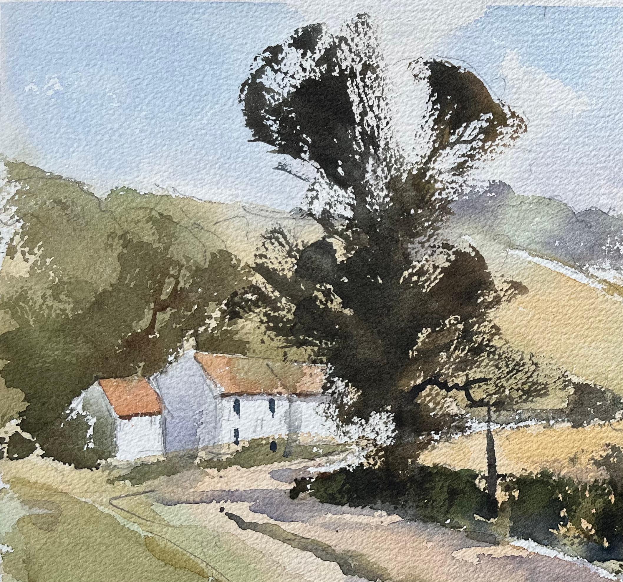 Acquerello originale britannico di un vicolo di un villaggio rurale - Landscape Painting Grigio di Anthony Avery