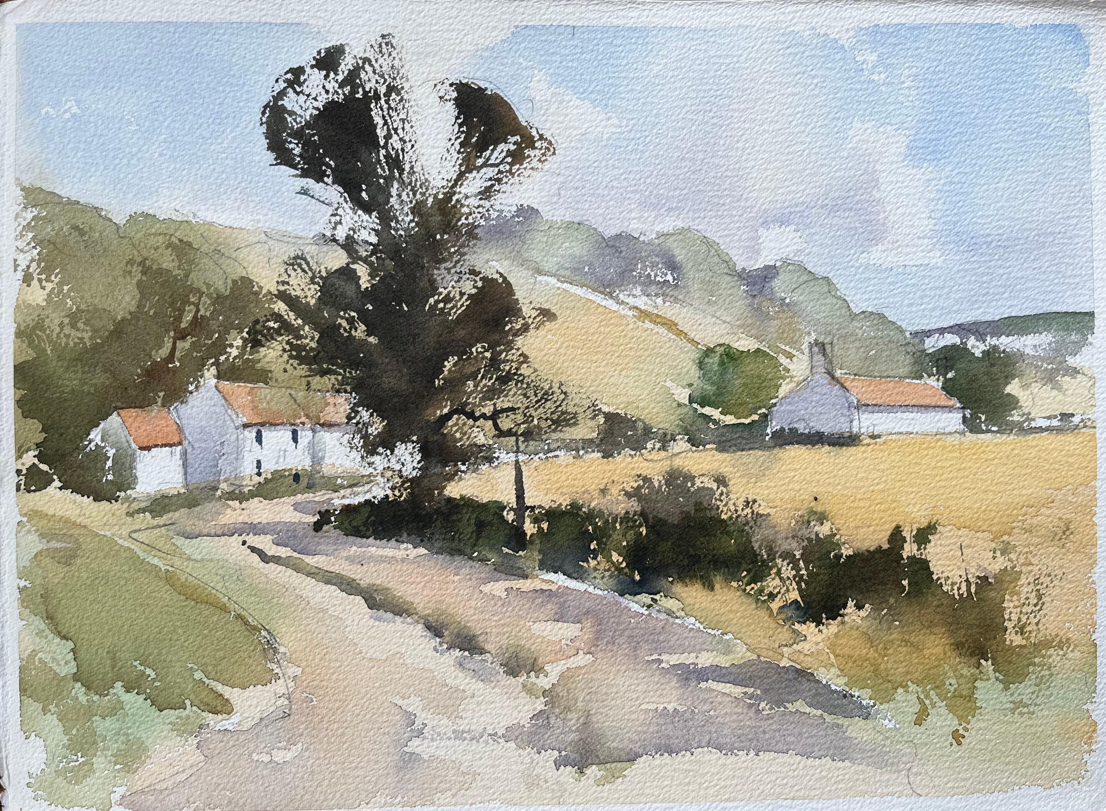 Landscape Painting di Anthony Avery - Acquerello originale britannico di un vicolo di un villaggio rurale