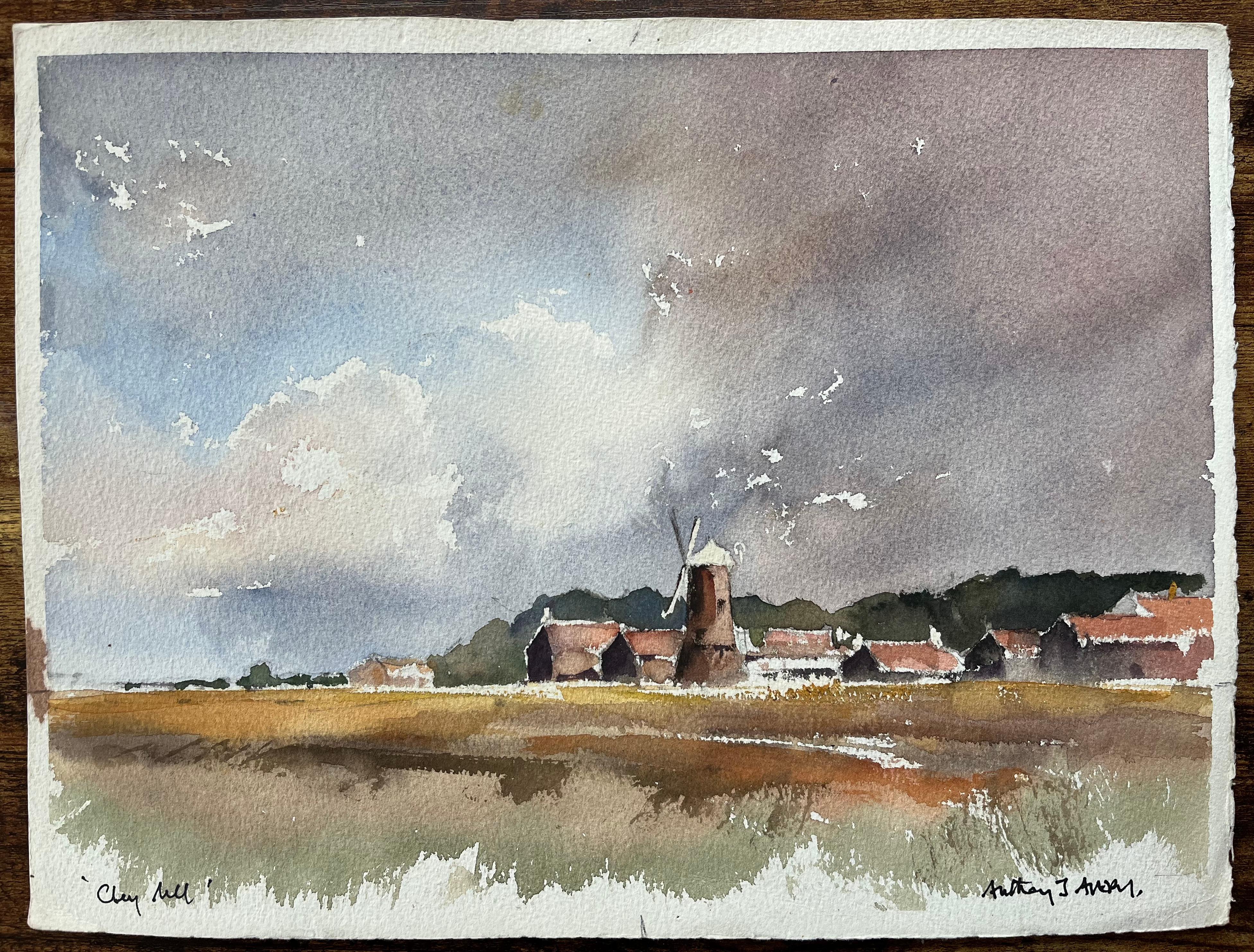 British Original Watercolor of a Rustic Windmill and Village Scene - Painting by Anthony Avery