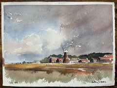 British Original Watercolor of a Rustic Windmill and Village Scene