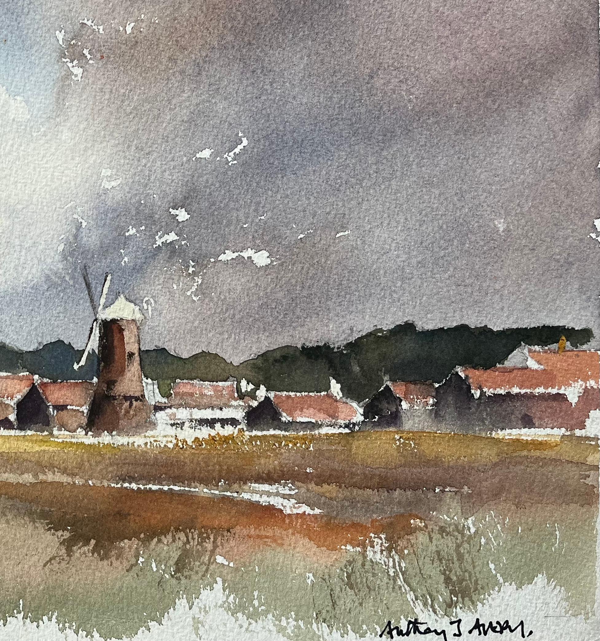 British Original Watercolor of a Rustic Windmill and Village Scene - Impressionist Painting by Anthony Avery