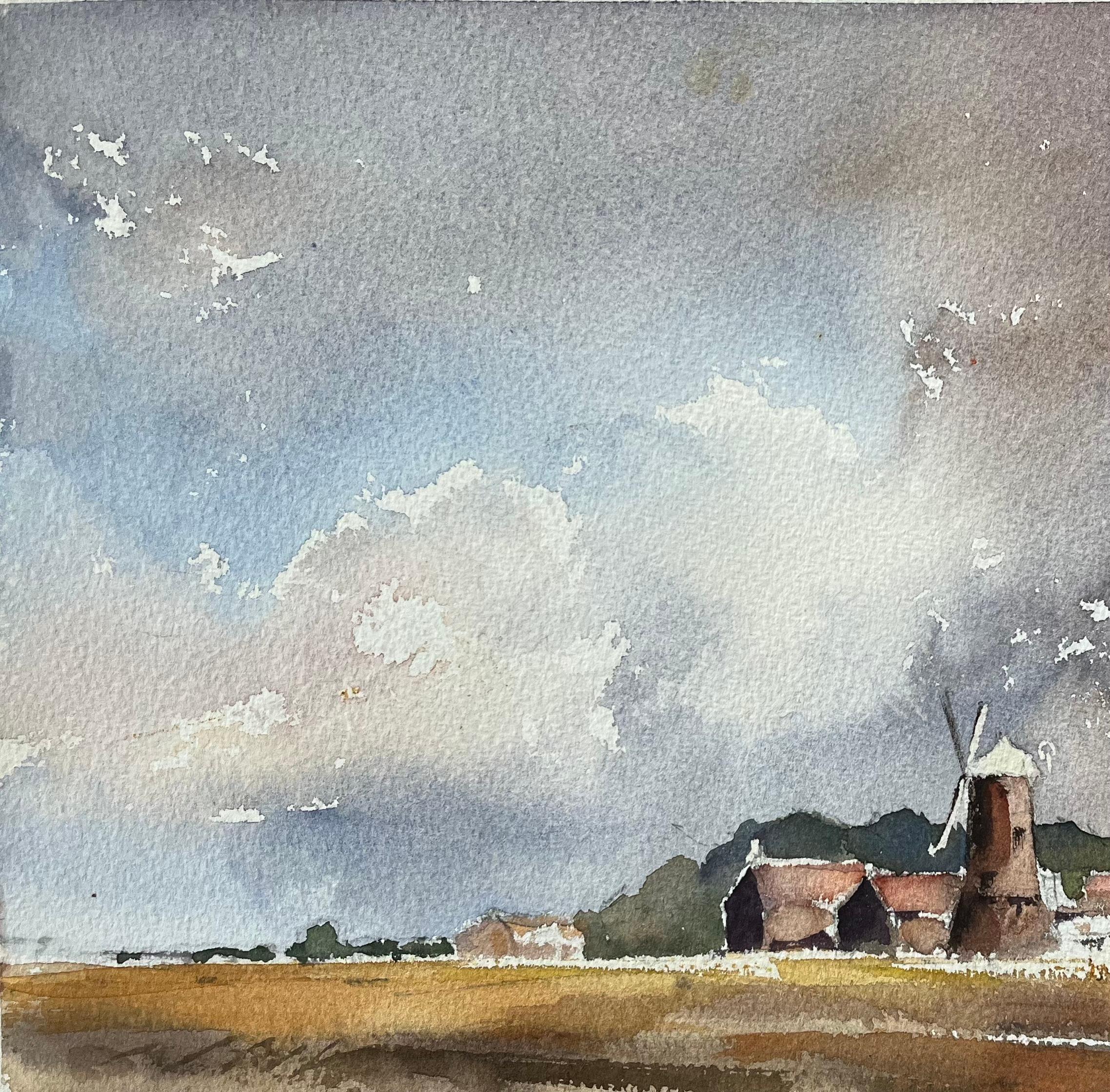 British Original Watercolor of a Rustic Windmill and Village Scene For Sale 1