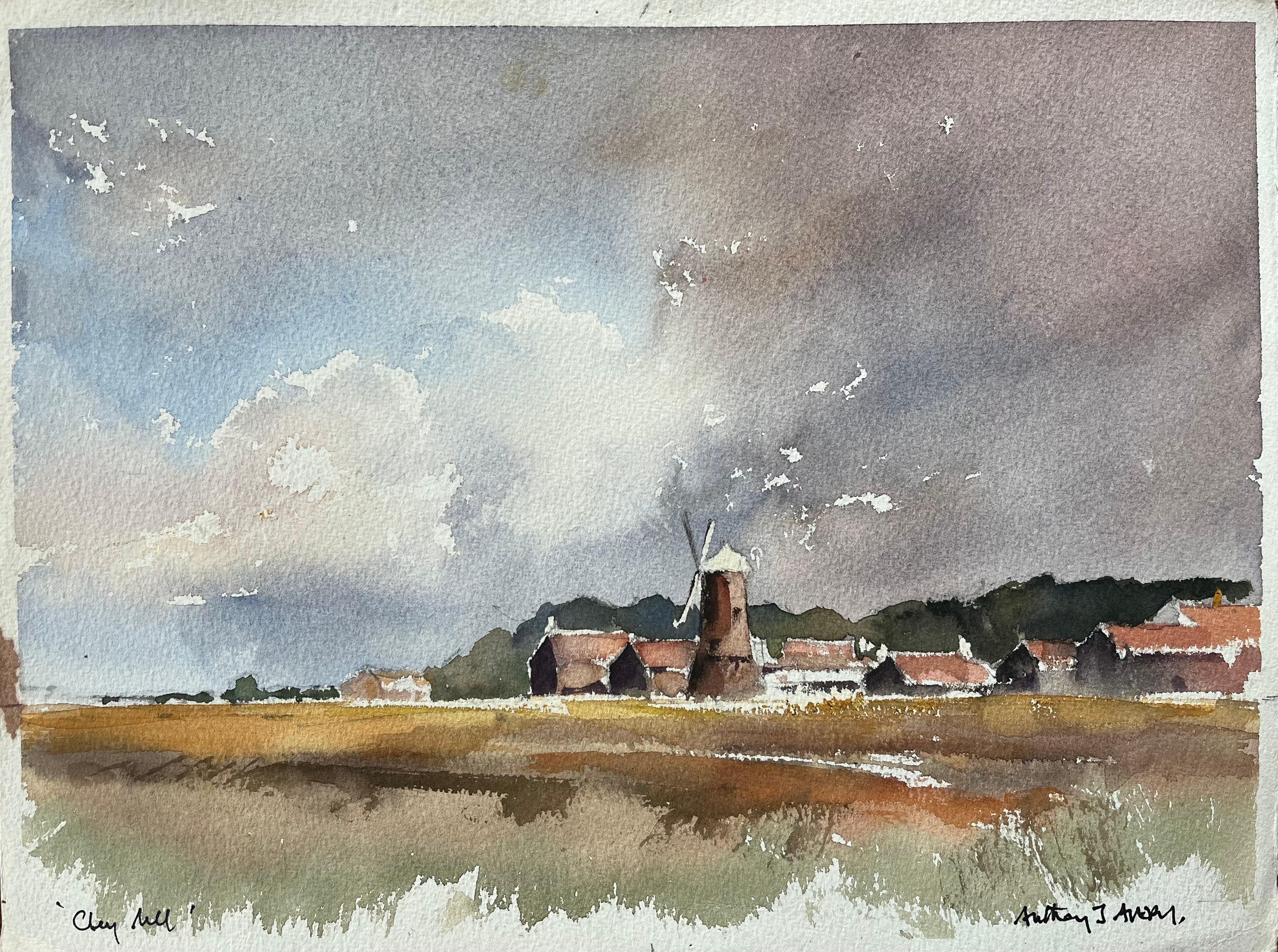 Anthony Avery Landscape Painting - British Original Watercolor of a Rustic Windmill and Village Scene