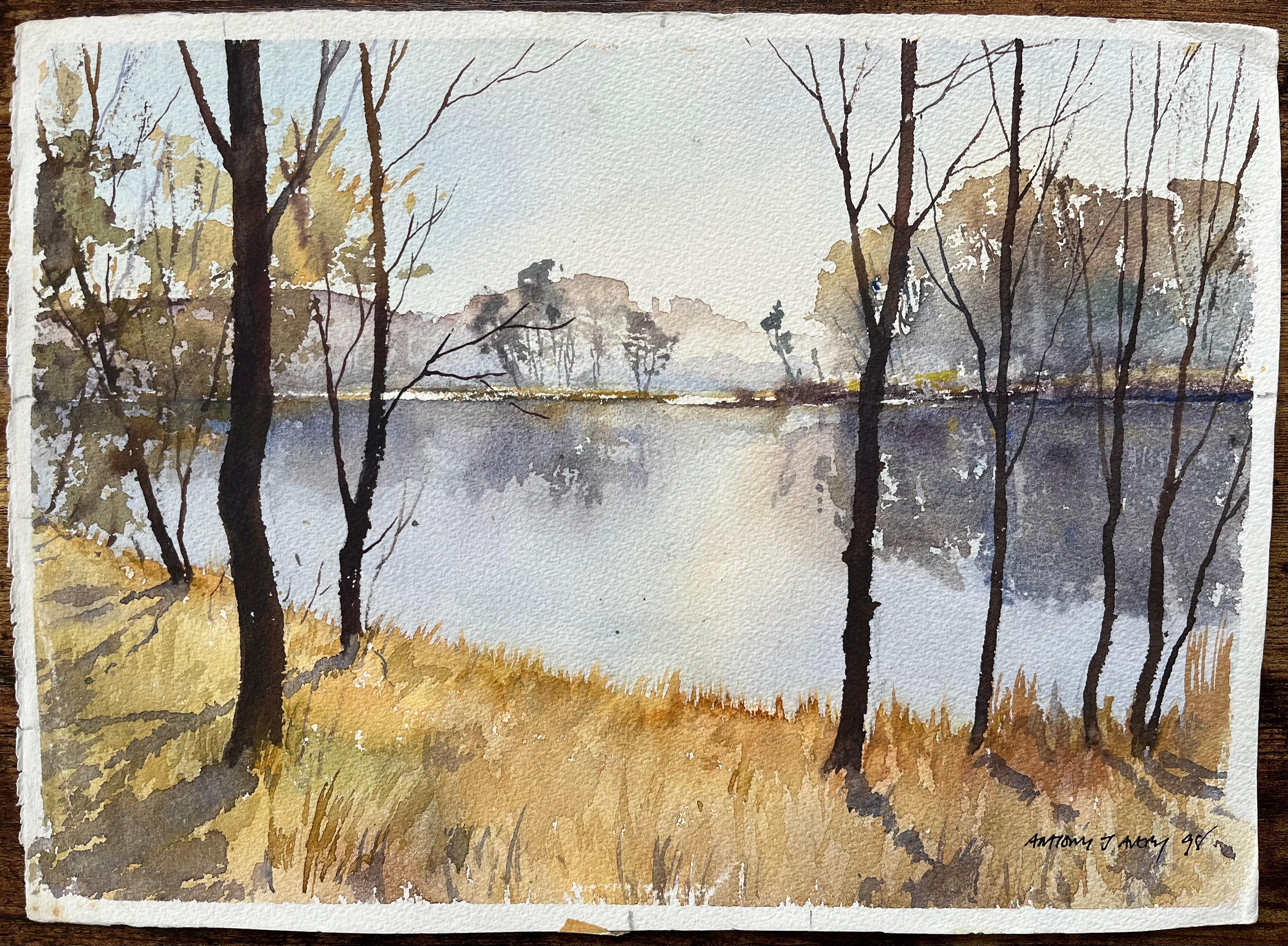 Original britisches Original-Aquarell einer ruhigen Seelandschaft im frühen Morgenlicht – Painting von Anthony Avery