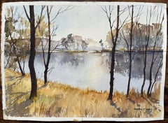 British Original Watercolor of a Serene Lake Landscape in Early Morning Light