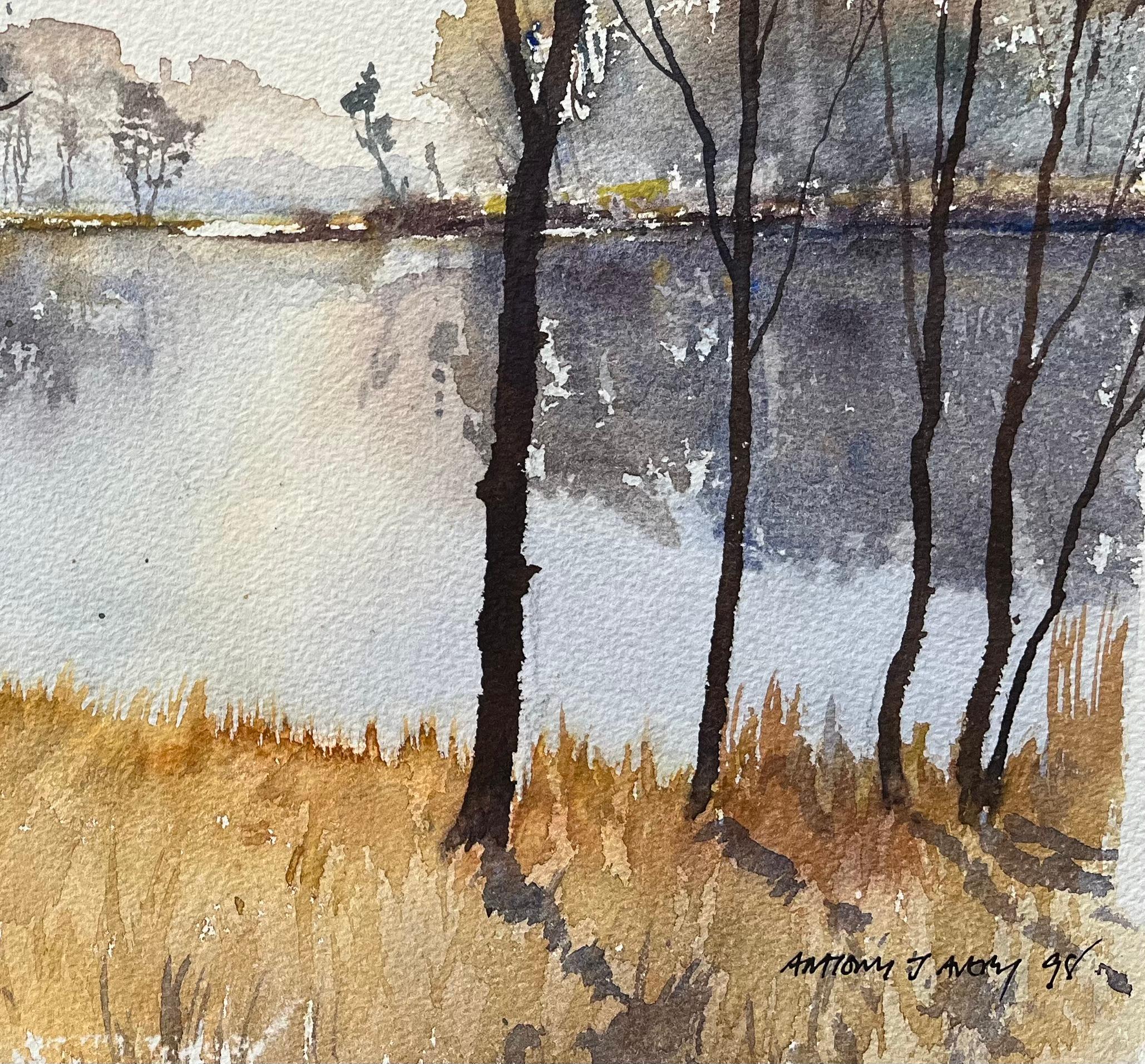 Original britisches Original-Aquarell einer ruhigen Seelandschaft im frühen Morgenlicht (Impressionismus), Painting, von Anthony Avery