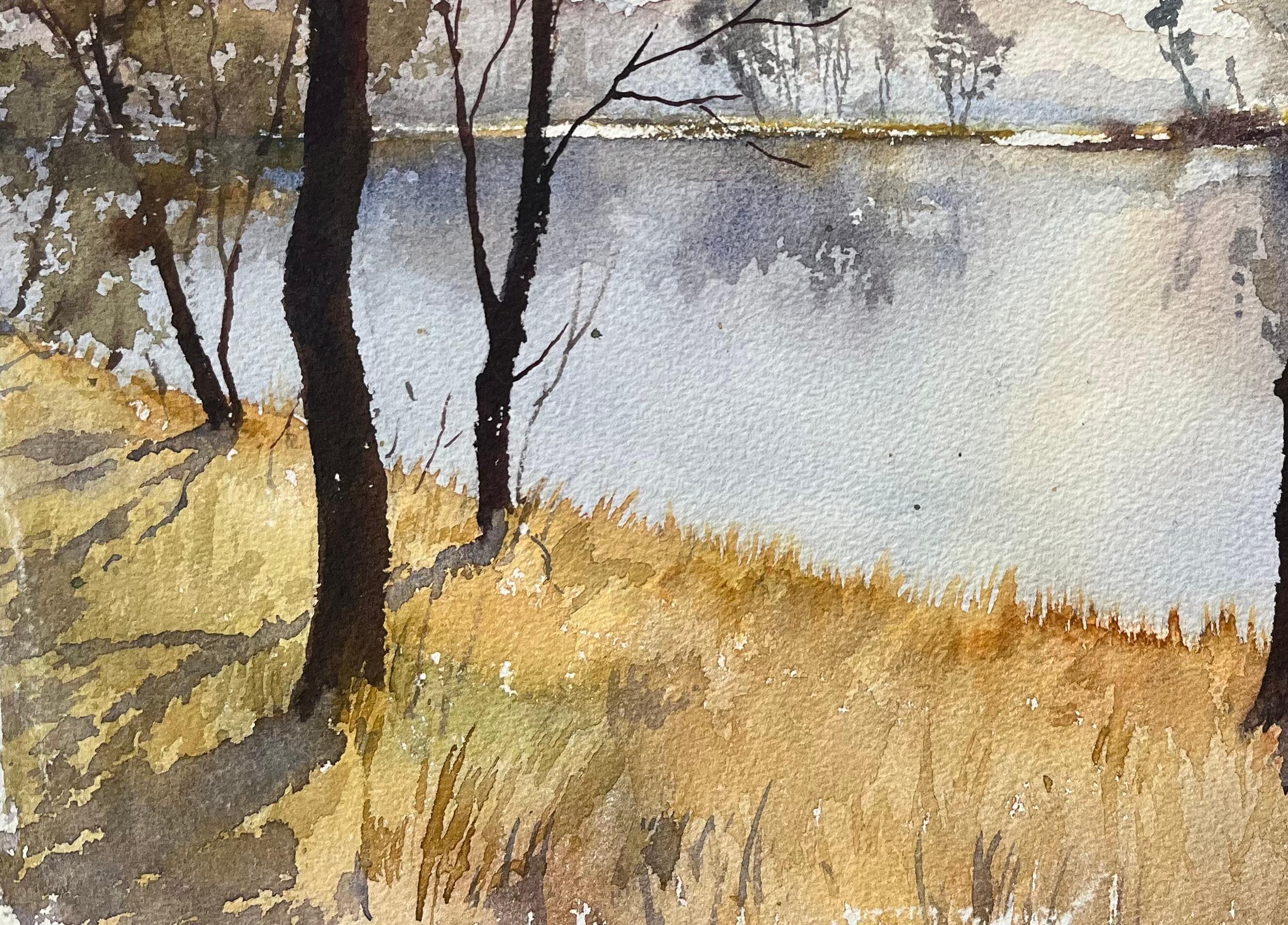 Titel: Britisches Original-Aquarell einer heiteren Seelandschaft im frühen Morgenlicht
Von Anthony Avery (Brite 1946-2023)
Original-Aquarell auf Künstlerpapier, ungerahmt
Unterschrieben: Ja
Abmessungen: 11 x 15 Zoll (Höhe x Breite)
Zustand: Gut, mit