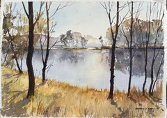 British Original Watercolor of a Serene Lake Landscape in Early Morning Light