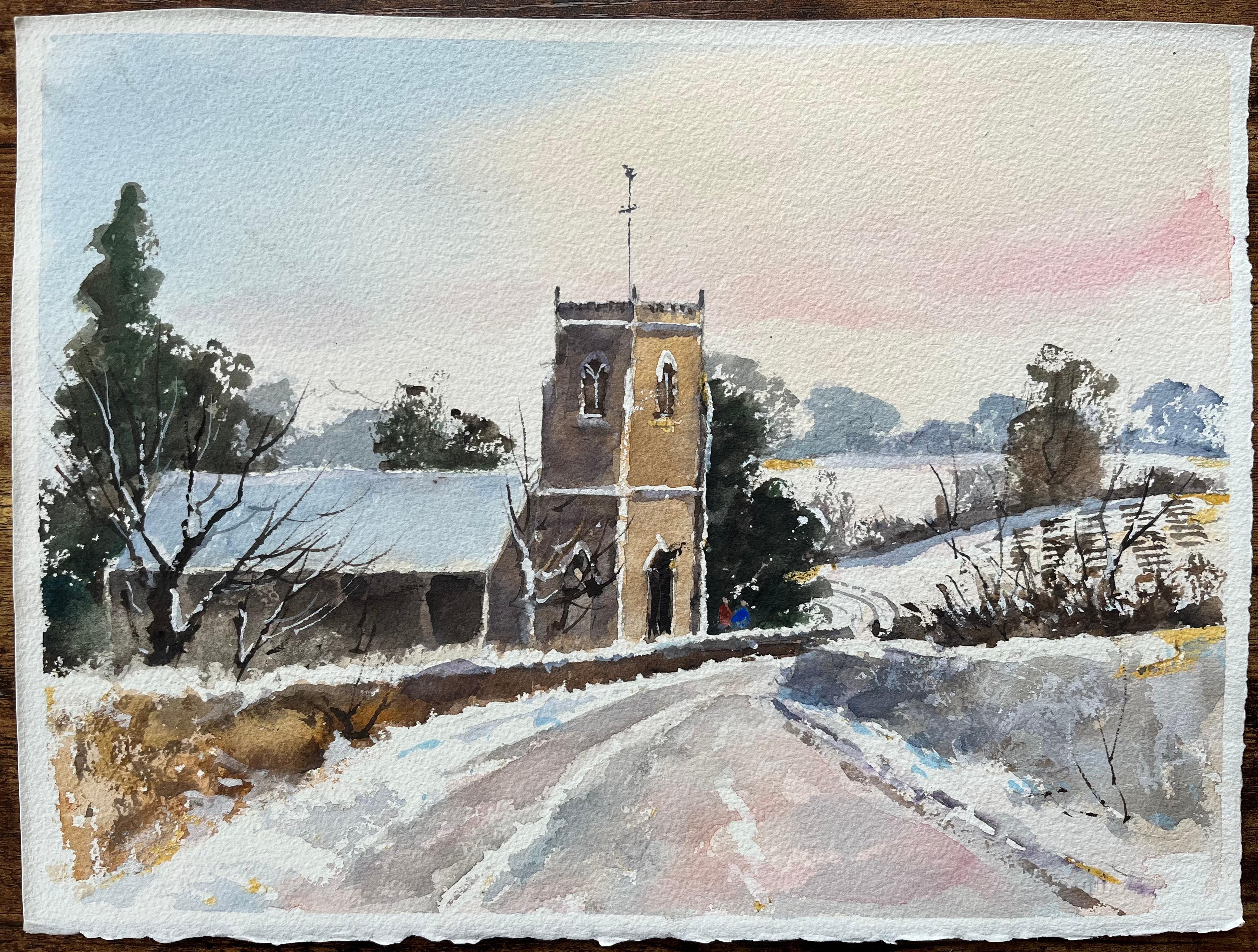 Britisches Original-Aquarell einer schneebedeckten Church's und Landschaft – Painting von Anthony Avery