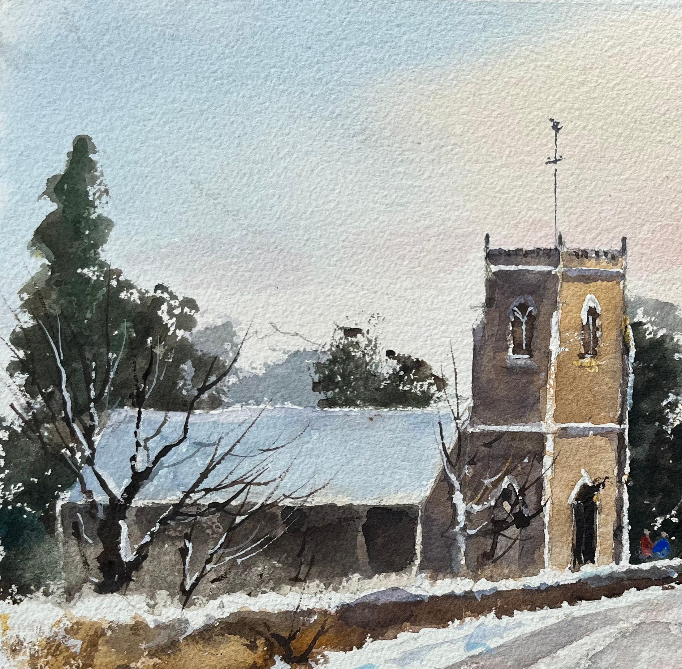 Britisches Original-Aquarell einer schneebedeckten Church's und Landschaft (Impressionismus), Painting, von Anthony Avery