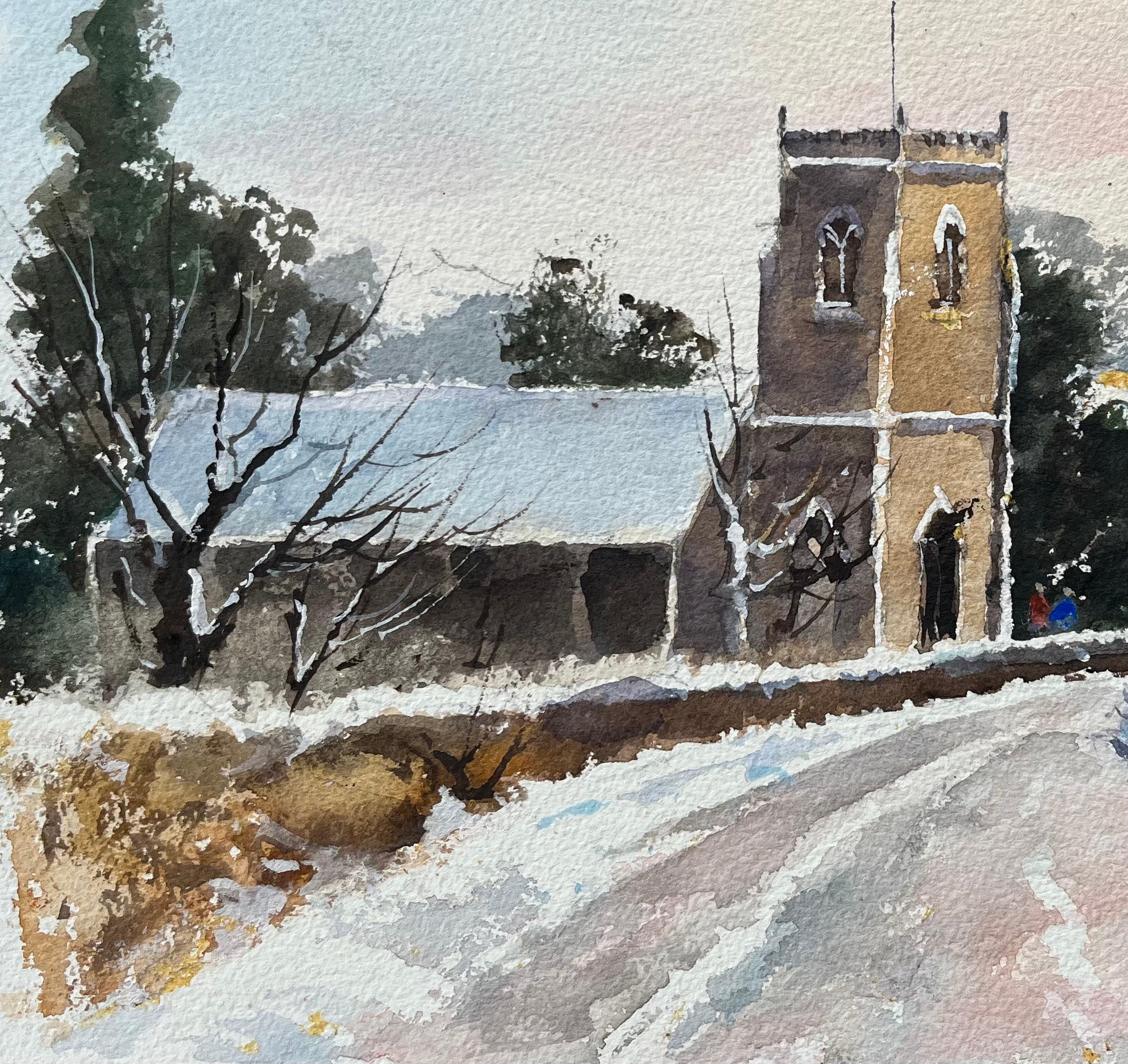 Britisches Original-Aquarell einer schneebedeckten Church's und Landschaft (Grau), Landscape Painting, von Anthony Avery