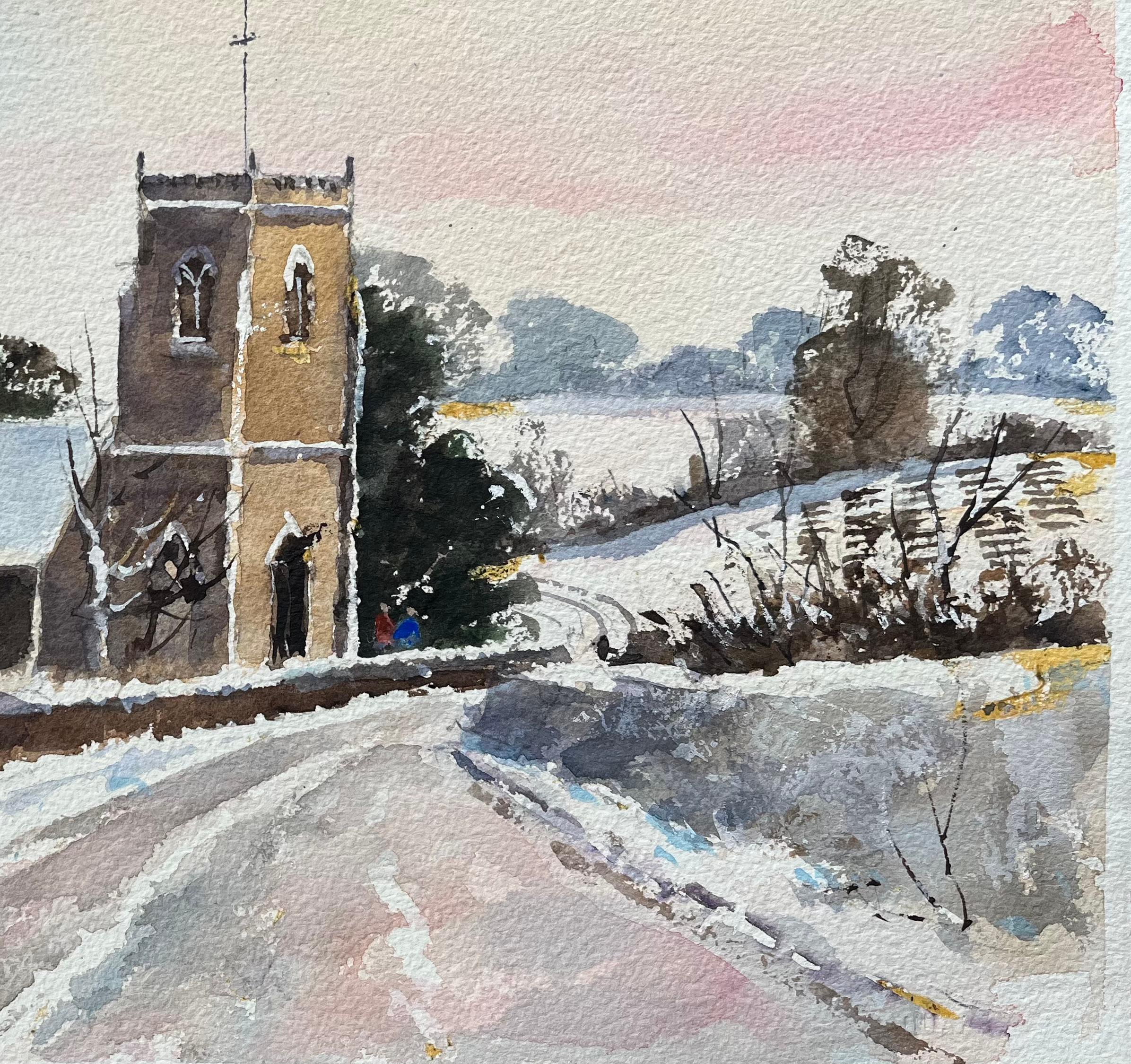 Titel: Britisches Original-Aquarell einer schneebedeckten Church's und Landschaft
Von Anthony Avery (Brite 1946-2023)
Original-Aquarell auf Künstlerpapier, ungerahmt
Abmessungen: 11,25 x 15,25 Zoll (Höhe x Breite)
Zustand: Gut, mit leichten