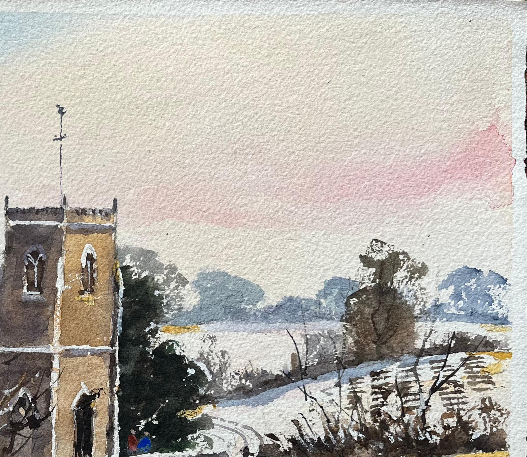 Britisches Original-Aquarell einer schneebedeckten Church's und Landschaft im Angebot 1