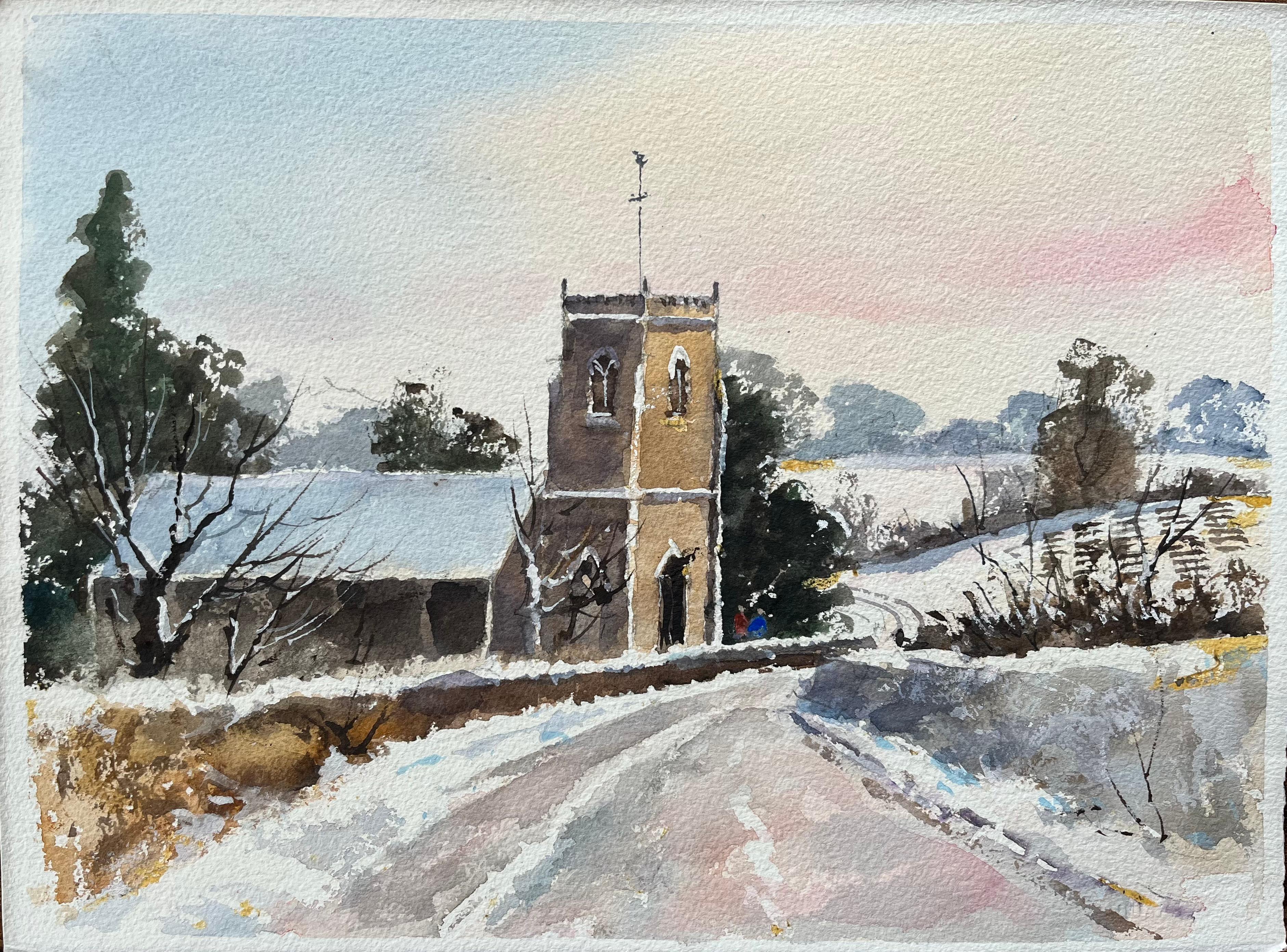 Britisches Original-Aquarell einer schneebedeckten Church's und Landschaft