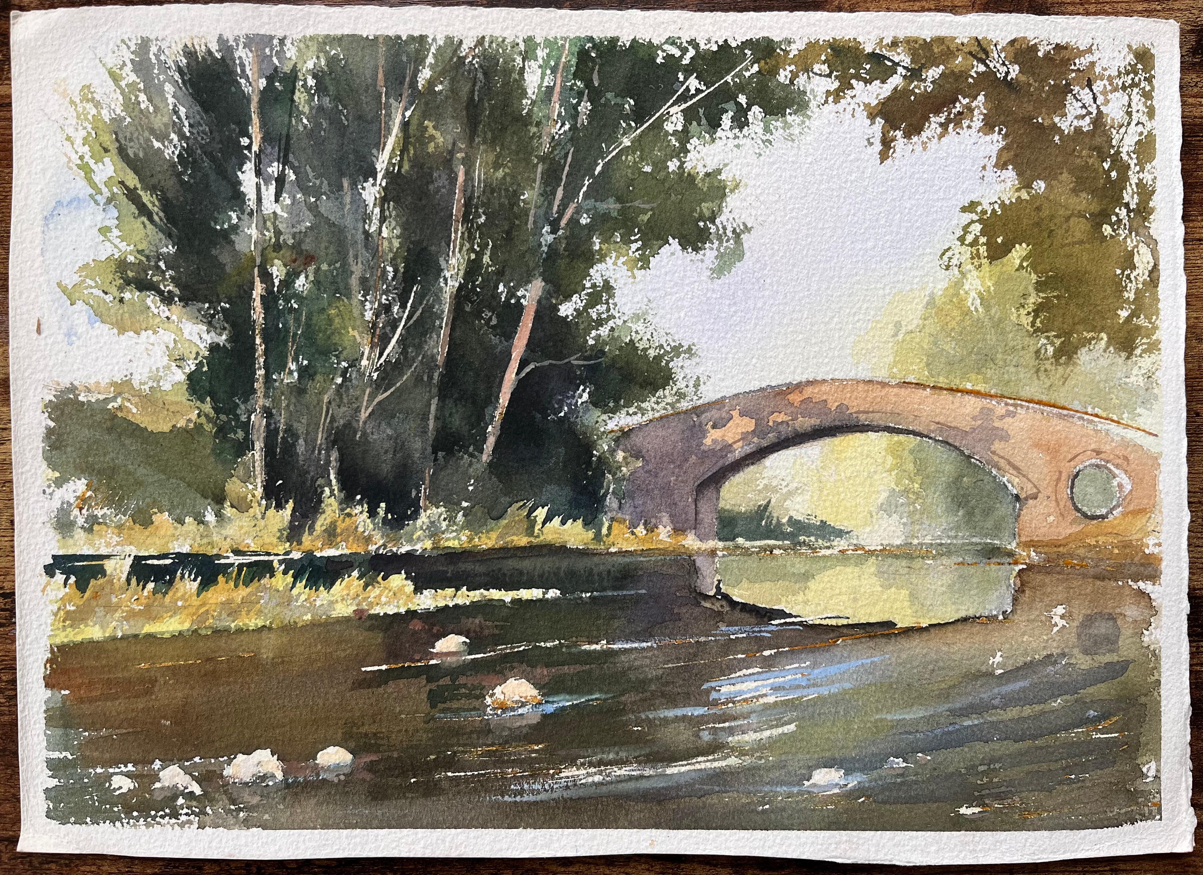 Acuarela original británica de un puente de piedra sobre un río tranquilo - Painting de Anthony Avery