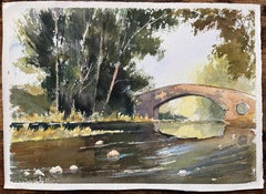 British Original Watercolor of a Stone Bridge Over a Tranquil River