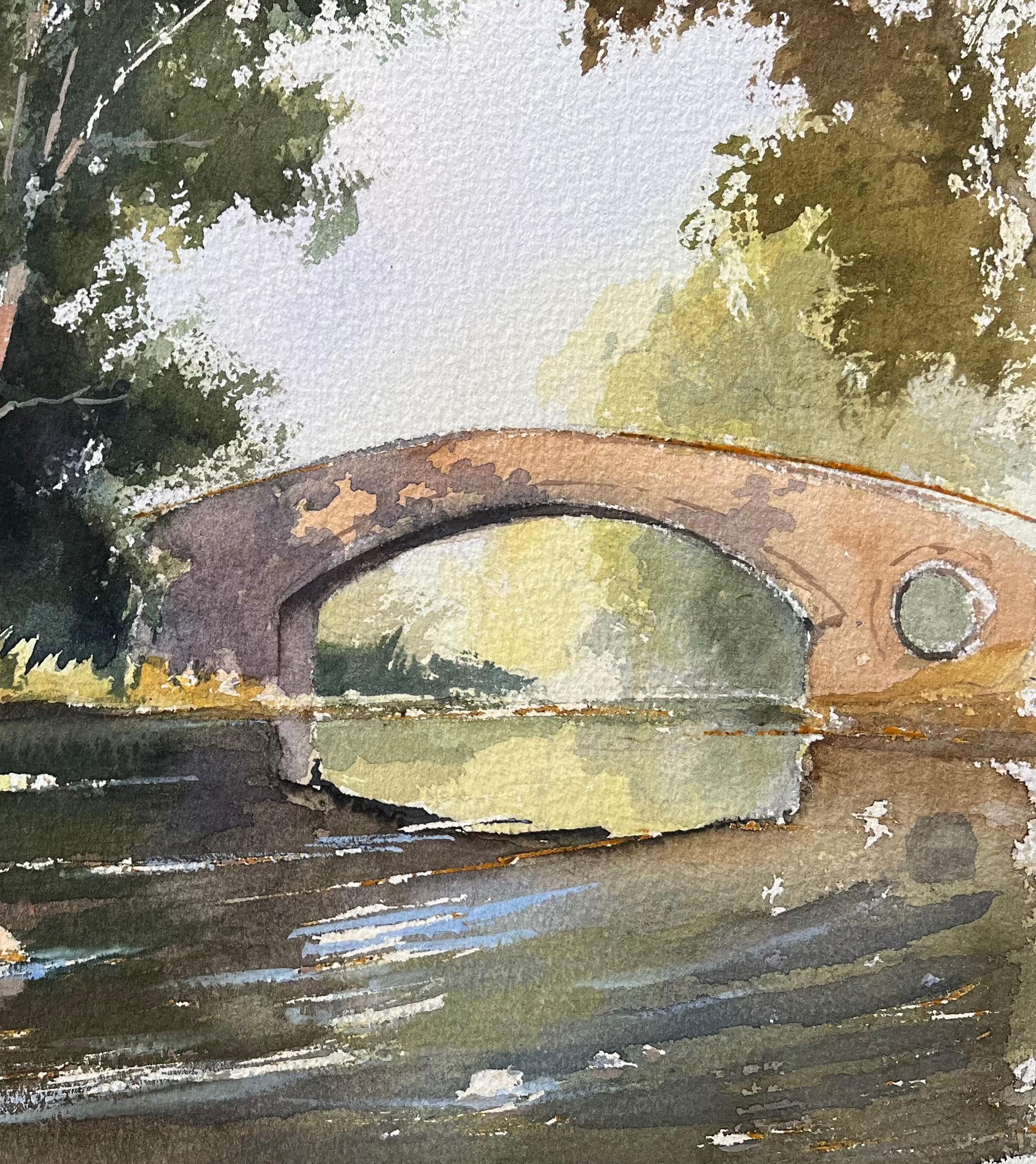 Acuarela original británica de un puente de piedra sobre un río tranquilo - Painting Impresionista de Anthony Avery