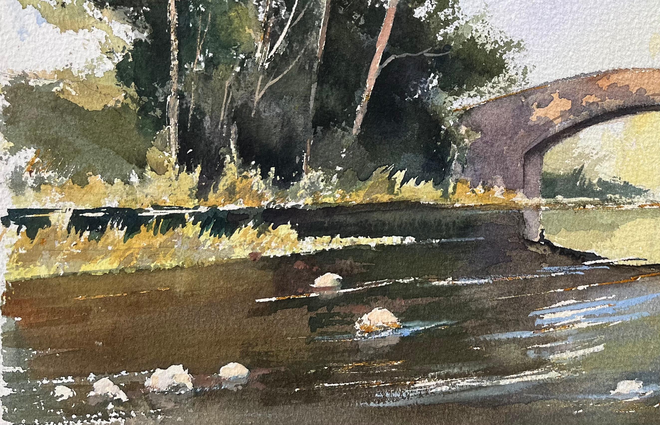 Acuarela original británica de un puente de piedra sobre un río tranquilo - Landscape Painting Marrón de Anthony Avery