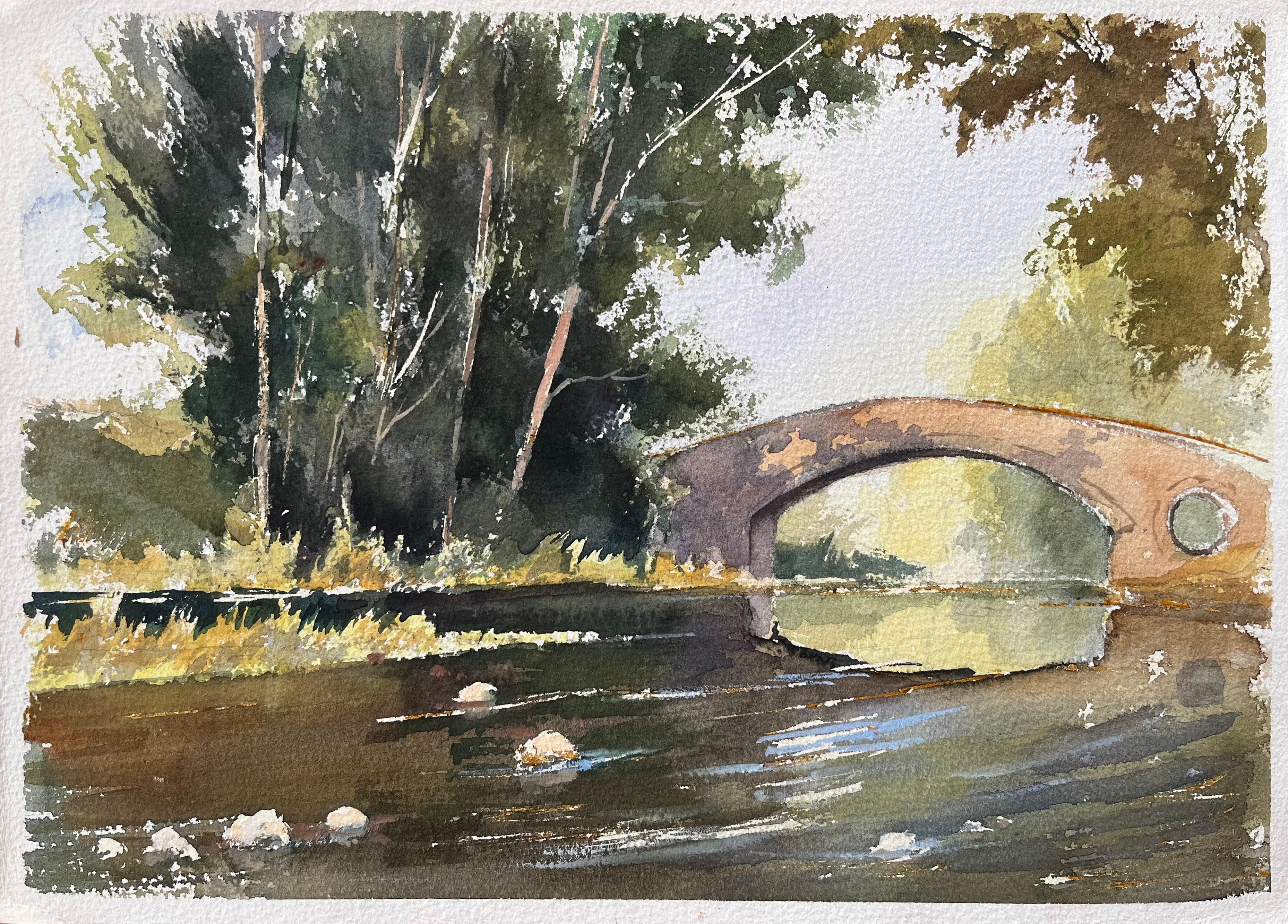 Landscape Painting de Anthony Avery - Acuarela original británica de un puente de piedra sobre un río tranquilo