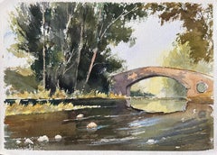 Britisches Original-Aquarell einer Steinbrücke über einem Tranquil-Fluss