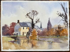 Aquarelle britannique d'origine d'une moulin à eau à l'automne